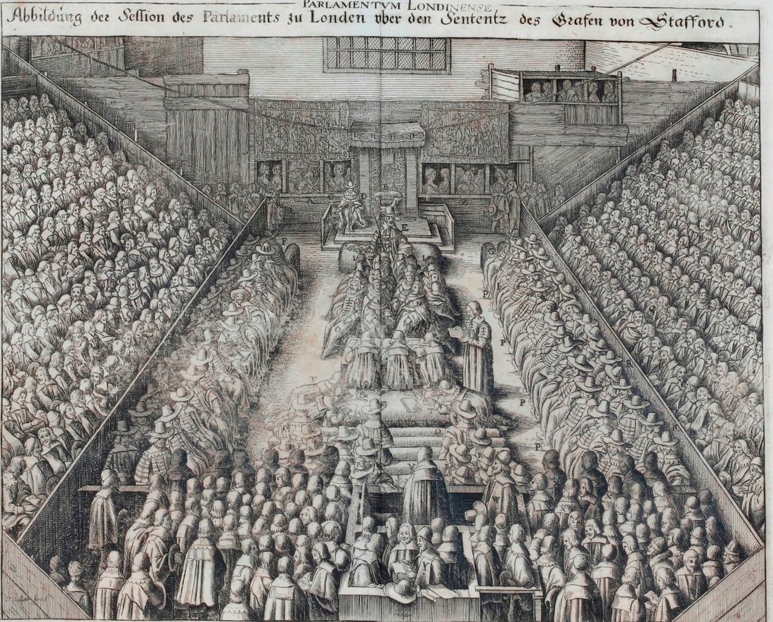 PARLAMENTUM LONDINENSE: WENCESLAUS HOLLAR, TRIAL OF THE EARL OF STRAFFORD, ETCHING 17th-Century -: PARLAMENTUM LONDINENSE: WENCESLAUS HOLLAR, TRIAL OF THE EARL OF STRAFFORD, ETCHING 17th-Century Etched print titled "Abbildung der Session des Parlaments zu London ?ber den Sententz des Grafen von Sta
