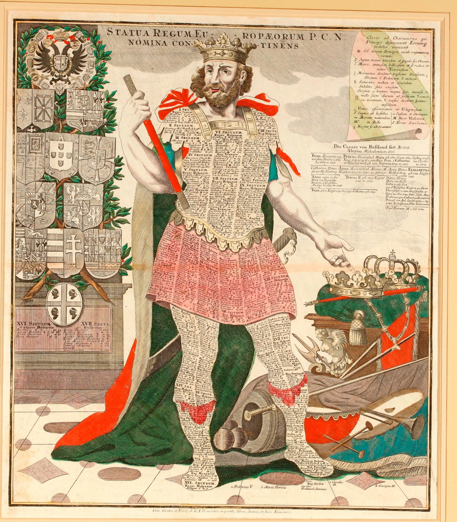 STATUA REGUM EUROPAEORUM: HAND-COLORED ALLEGORICAL ENGRAVING OF EUROPEAN MONARCHS BY GEORG MATTHAUS (1 of 3)