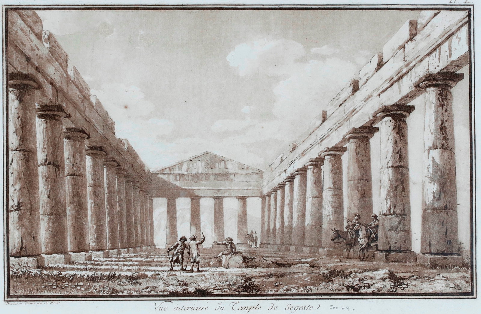 VUE INTERIEURE DU TEMPLE DE SEGESTE: BY JEAN-PIERRE-LOUIS-LAURENT HOUEL, FROM VOYAGE PITTORESQUE DES: VUE INTERIEURE DU TEMPLE DE SEGESTE: BY JEAN-PIERRE-LOUIS-LAURENT HOUEL, FROM VOYAGE PITTORESQUE DES ISLES DE SICILE, DE MALTE ET DE LIPARI Circa 1782 Sepia etching depicts the interior colonnade of t