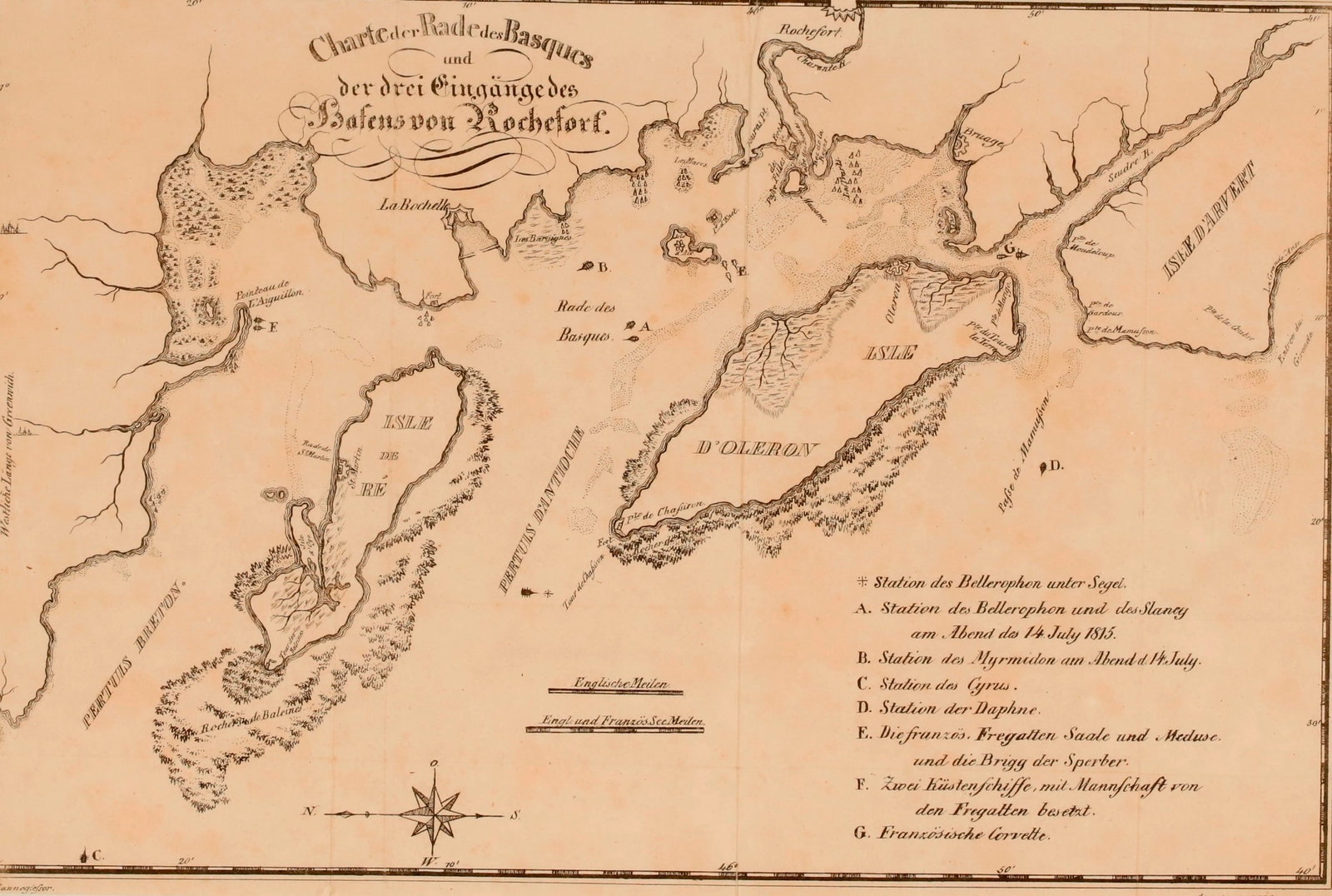 GERMAN CHART OF THE BASQUE ROADS, ROCHEFORT; MARKING NAPOLEON'S SURRENDER TO HMS BELLEROPHON, 14: GERMAN CHART OF THE BASQUE ROADS, ROCHEFORT; MARKING NAPOLEON'S SURRENDER TO HMS BELLEROPHON, 14 JULY 1815 19th century Engraved map showing the coastal waters near La Rochelle and Rochefort in wester