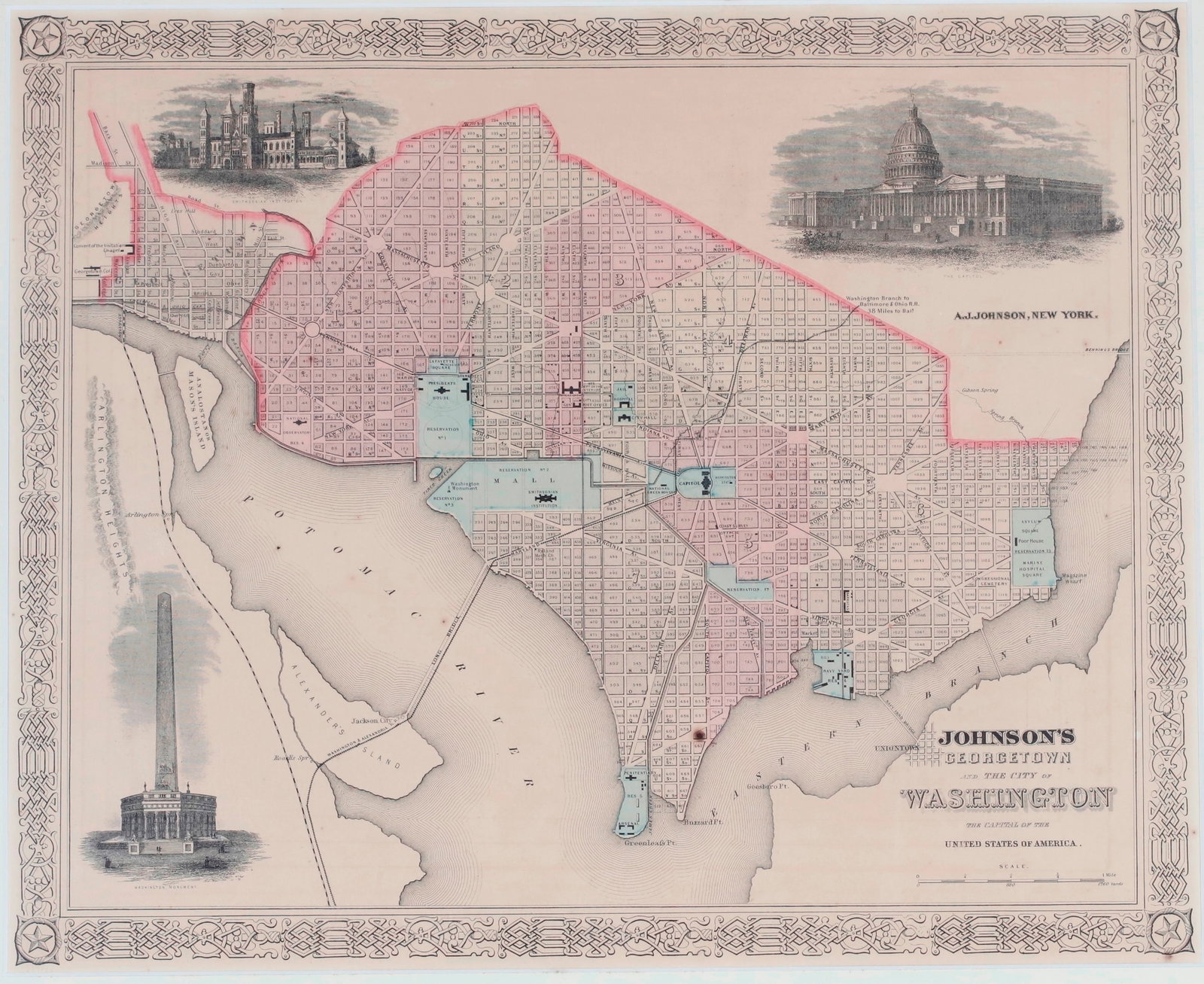 JOHNSON'S GEORGETOWN AND THE CITY OF WASHINGTON; HAND-COLORED MAP 1865 - Sight (as matted): 12.75 x: JOHNSON'S GEORGETOWN AND THE CITY OF WASHINGTON; HAND-COLORED MAP 1865 Hand-colored map titled "Johnson's Georgetown and the City of Washington," published in 1865 by Johnson and Ward. . The map lays 