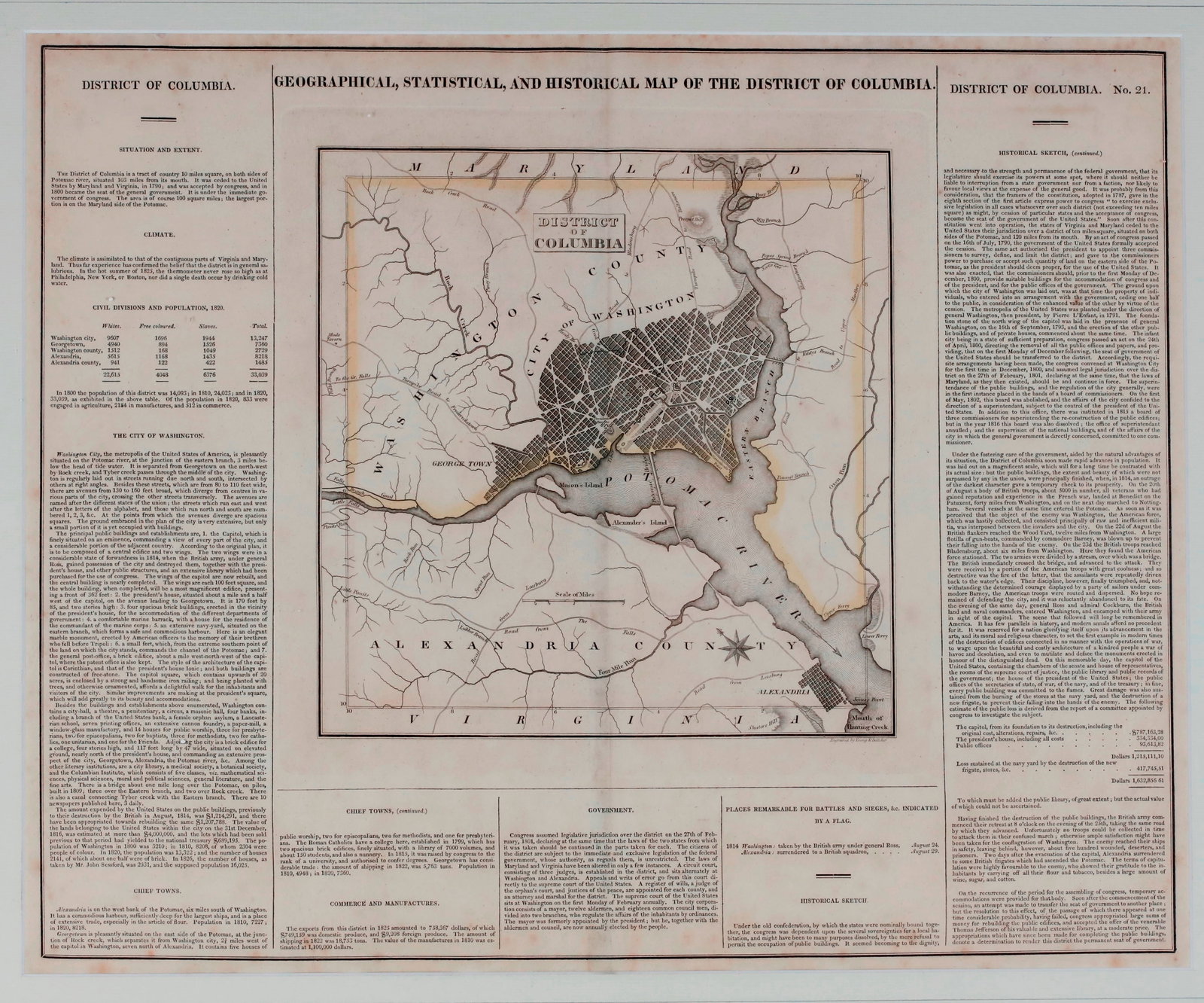 GEOGRAPHICAL, STATISTICAL, AND HISTORICAL MAP OF THE DISTRICT OF COLUMBIA; CAREY & LEA, PHILADELPHIA: GEOGRAPHICAL, STATISTICAL, AND HISTORICAL MAP OF THE DISTRICT OF COLUMBIA; CAREY & LEA, PHILADELPHIA 1822 Double-page engraved map of Washington, D.C. and its environs, including Alexandria, published