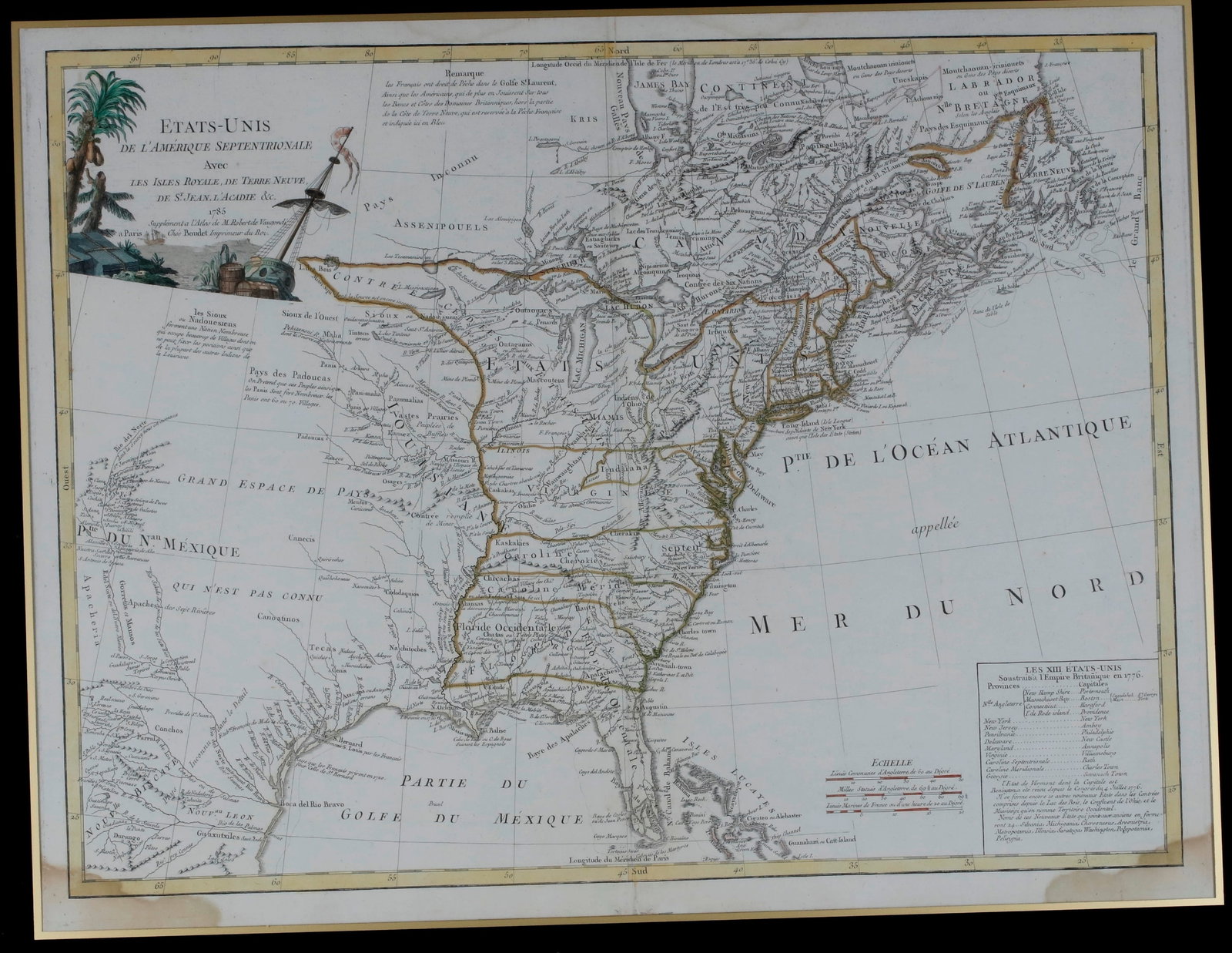 ETATS-UNIS DE L'AMERIQUE SEPTENTRIONALE; DELAMARCHE/DE VAUGONDY, HAND-COLORED ENGRAVED MAP 1785 - 20: ETATS-UNIS DE L'AMERIQUE SEPTENTRIONALE; DELAMARCHE/DE VAUGONDY, HAND-COLORED ENGRAVED MAP 1785 Historically important engraved map, hand-colored in outline, depicts the newly independent United State