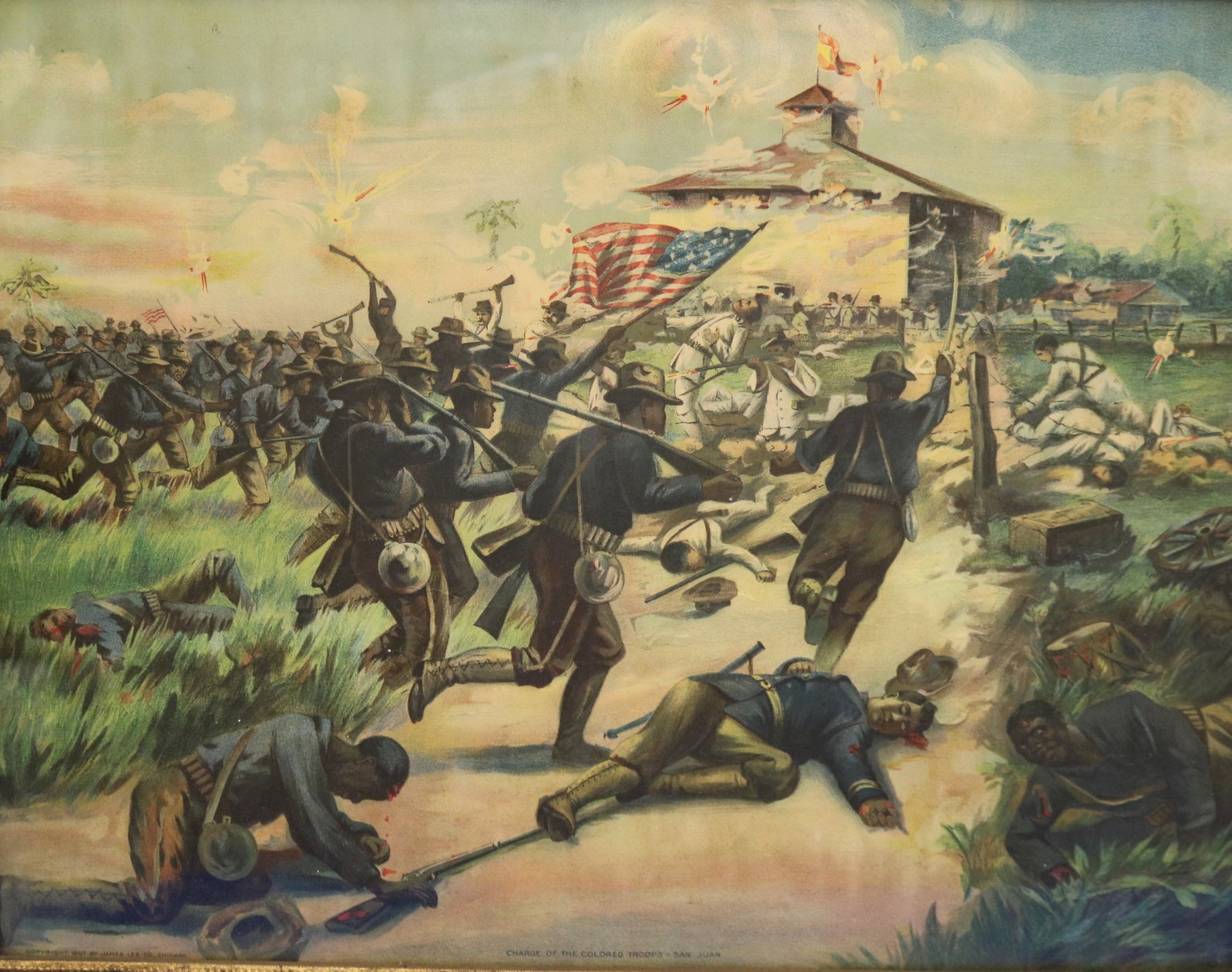 "Charge of the Colored Troops - San Juan," James Lee Co., Chicago 1907 - Sight size approximately 15: "Charge of the Colored Troops - San Juan," James Lee Co., Chicago 1907 Chromolithograph commemorating the valor of the 9th and 10th Cavalry Regiments, the Buffalo Soldiers, during the assault on San J