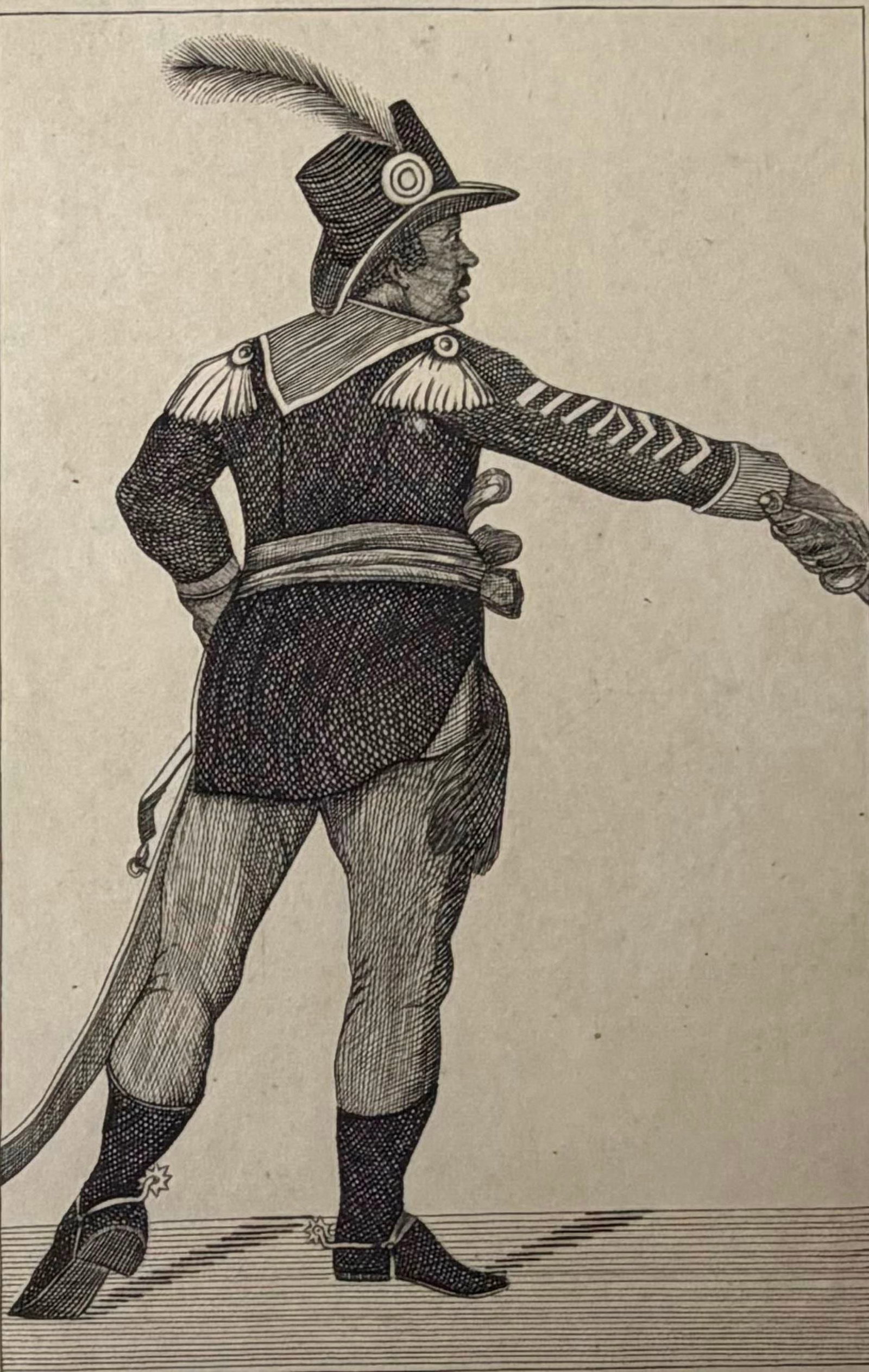 TOUSSAINT LOUVERTURE: ENGLISH ENGRAVING FROM KIRBY'S WONDERFUL AND SCIENTIFIC MUSEUM 1815 - plate:: TOUSSAINT LOUVERTURE: ENGLISH ENGRAVING FROM KIRBY'S WONDERFUL AND SCIENTIFIC MUSEUM 1815 This engraving shows Toussaint Louverture in full military dress, standing in profile with his arm extended, p