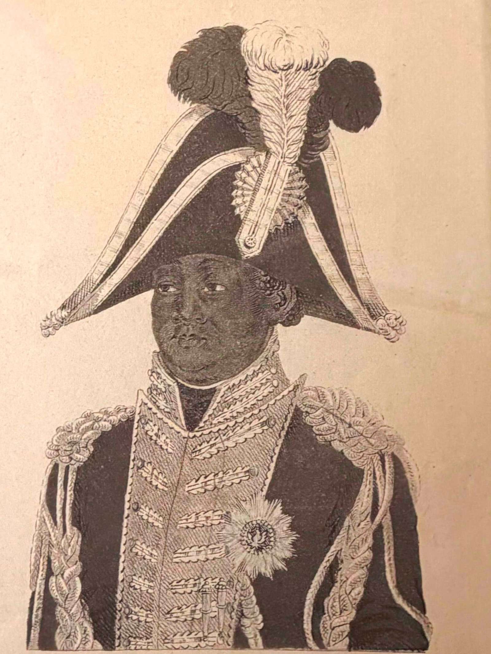 TOUSSAINT LOUVERTURE: SWEDISH LITHOGRAPH mid-19th century - plate: 8.5 x 7.25 inches; sheet: 9.5 x: TOUSSAINT LOUVERTURE: SWEDISH LITHOGRAPH mid-19th century This lithograph portrait depicts Toussaint Louverture. He is shown in three-quarter view wearing an elaborate plumed bicorne hat and an ornate