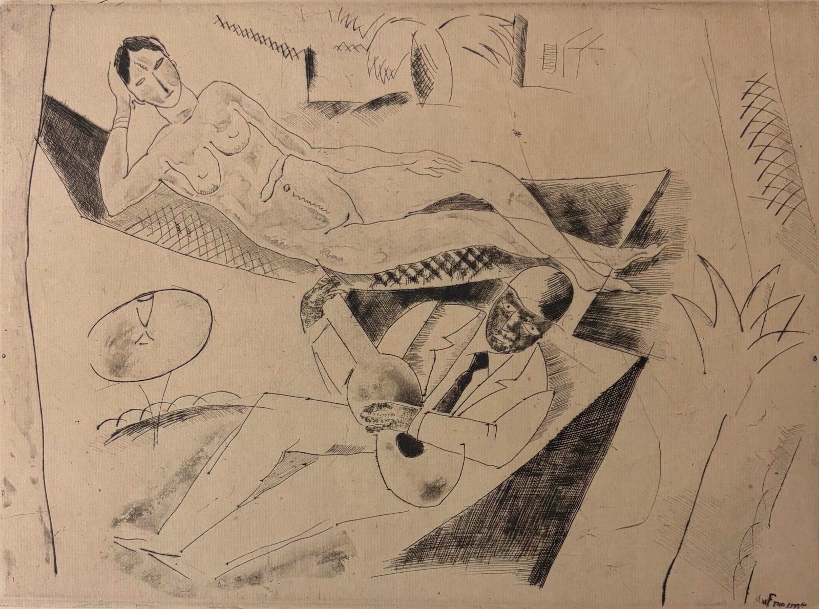MUSIQUE NEGRE (BANJO): DRYPOINT BY CHARLES DUFRESNE circa 1921 - plate: 9.5 x 12.25 inches; sheet:: MUSIQUE NEGRE (BANJO): DRYPOINT BY CHARLES DUFRESNE circa 1921 Drypoint print by French artist Charles Dufresne depicts a reclining nude figure alongside a musician playing what appears to be a banjo 