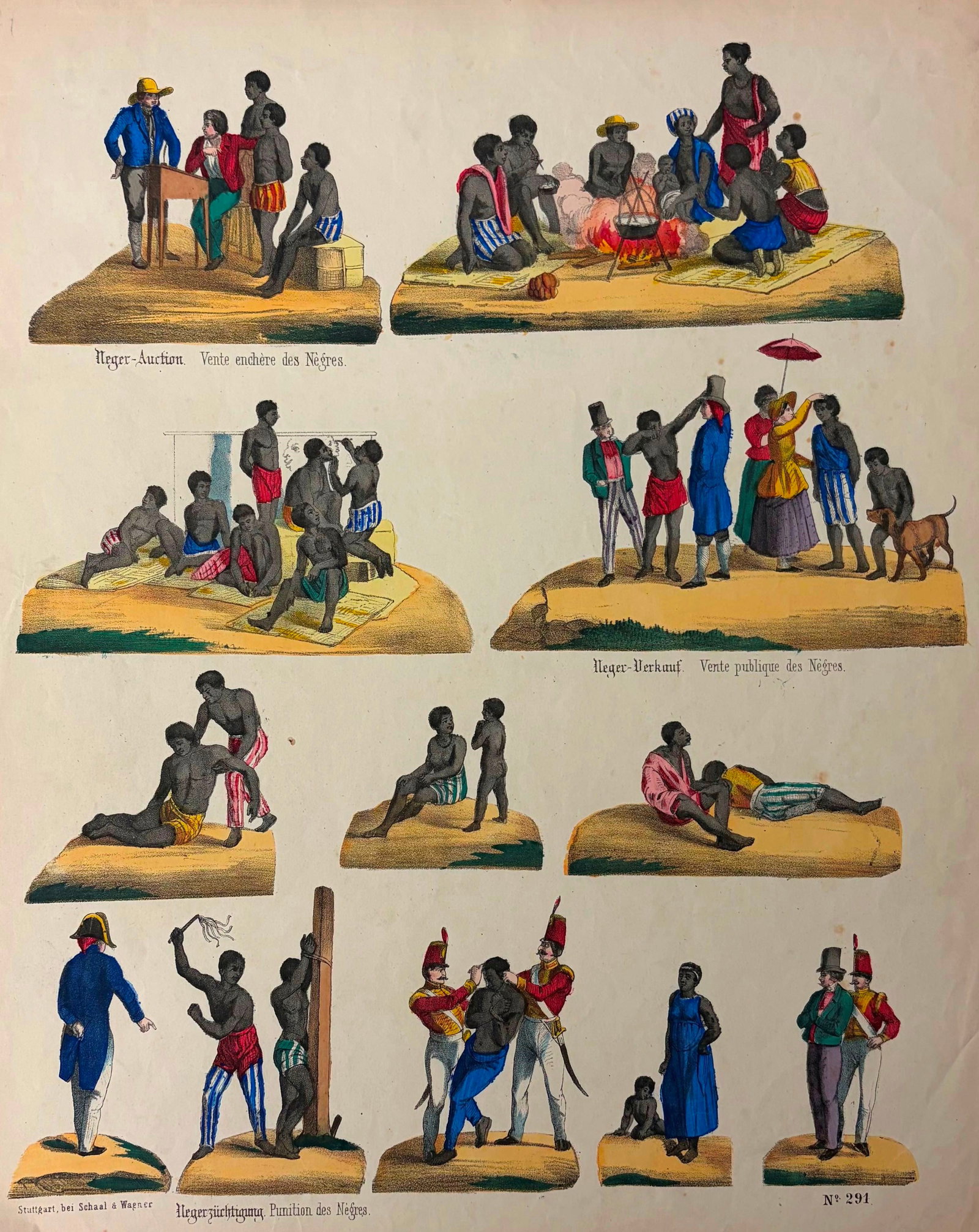NEGER-AUCTION / NEGER-VERKAUF / NEGERZUCHTIGUNG: HAND-COLORED BILDERBOGEN (PICTURE SHEET), NO. 291, (1 of 17)