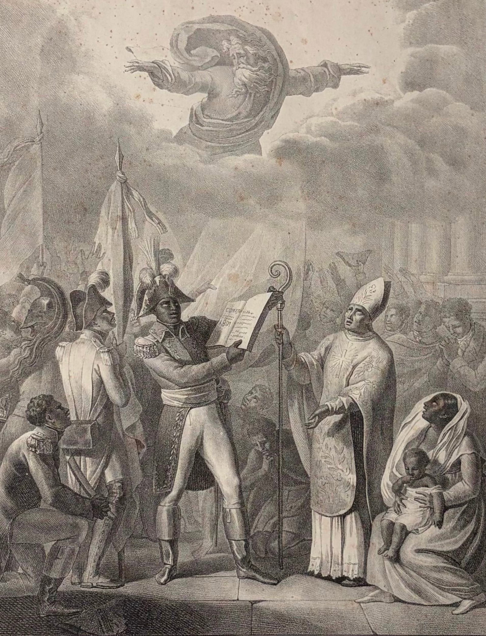 TOUSSAINT L'OUVERTURE PROCLAIMS THE CONSTITUTION OF THE REPUBLIC OF HAITI: FRENCH LITHOGRAPH BY: TOUSSAINT L'OUVERTURE PROCLAIMS THE CONSTITUTION OF THE REPUBLIC OF HAITI: FRENCH LITHOGRAPH BY EUGENE MARIE FRANCOIS VILLAIN 19th century Lithograph shows a striking scene from Haitian history: Touss