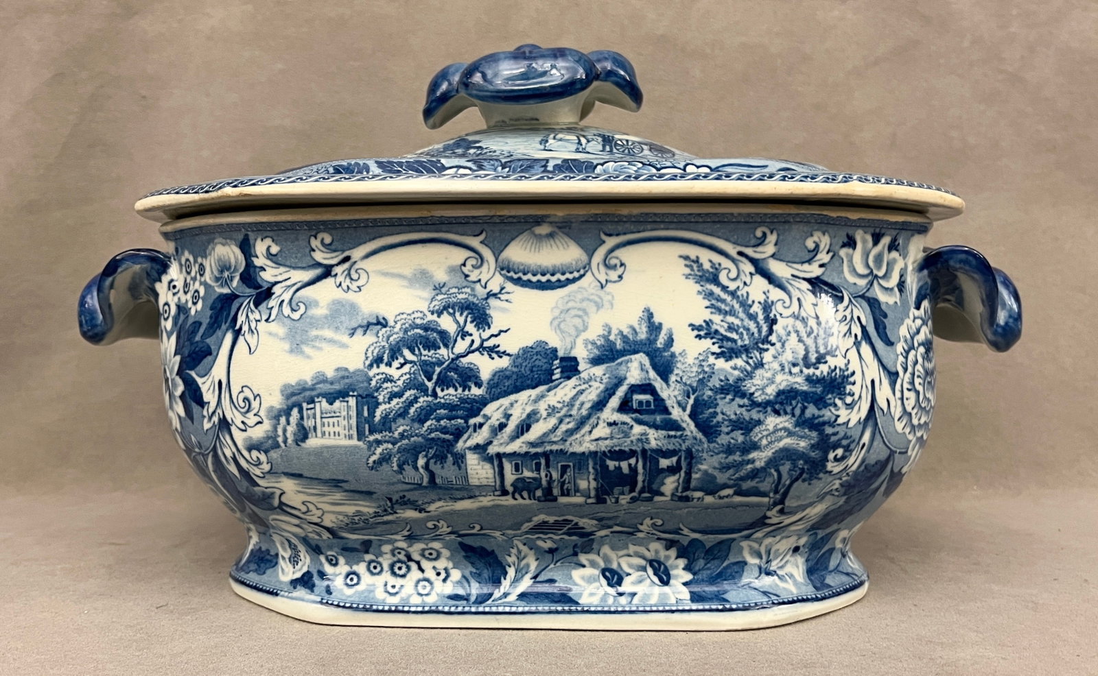 BLUE AND WHITE TRANSFER-PRINTED PORCELAIN SOUP TUREEN. 19th century - L: 14 in.. (1 of 11)