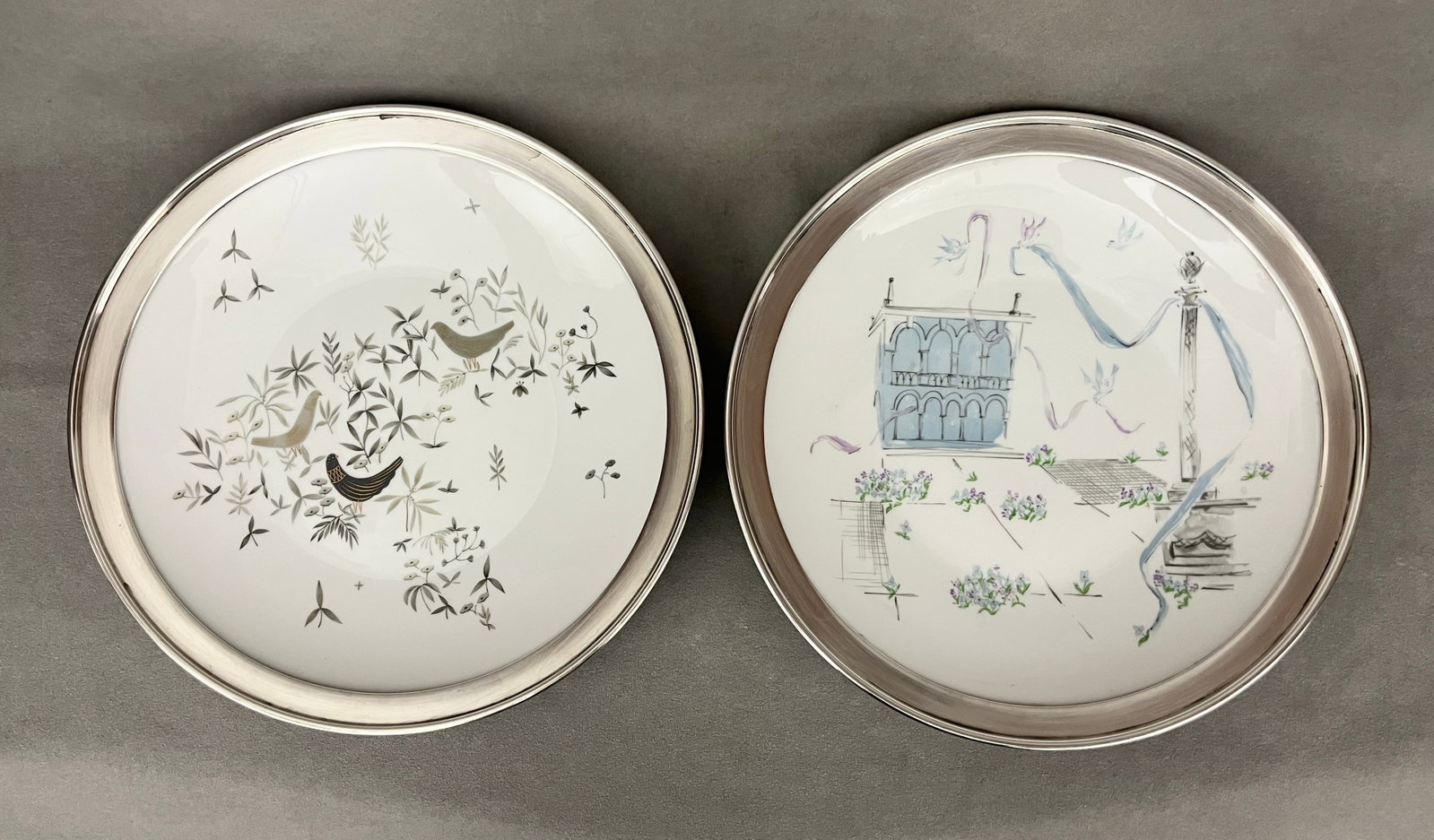 TWO ROSENTHAL PORCELAIN PLATES DESIGNED BY RAYMOND LOEWY WITH STERLING SILVER RIMGS - D: 11 3/4 in.. (1 of 10)