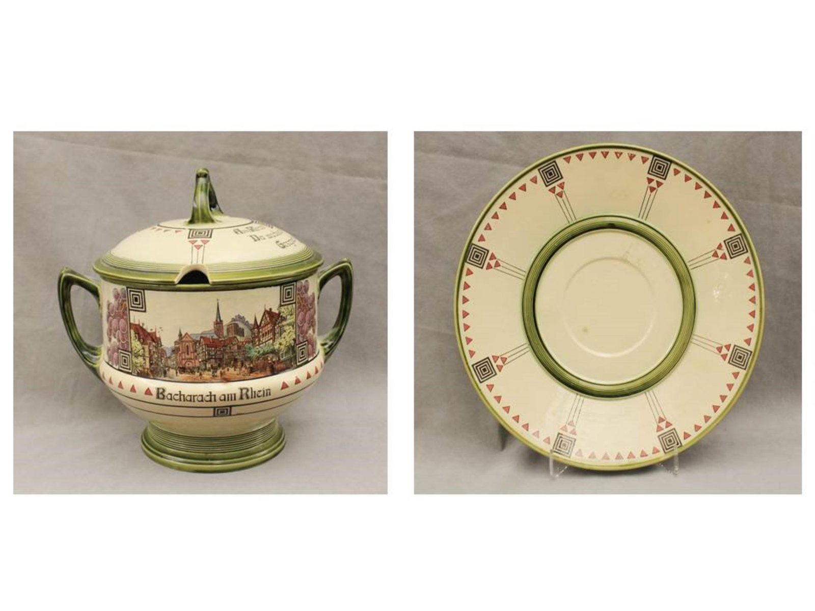 GERMAN METTLACH CERAMIC, LIFT-COVER TUREEN WITH UNDERTRAY - H: 15 in. Undertray, D: 16 1/2 in.. (1 of 17)
