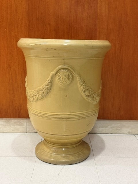 NEOCLASICAL STYLE OCHRE GLAZED POTTERY URN - H: 24 in. D: 18 1/2 in.. (1 of 8)