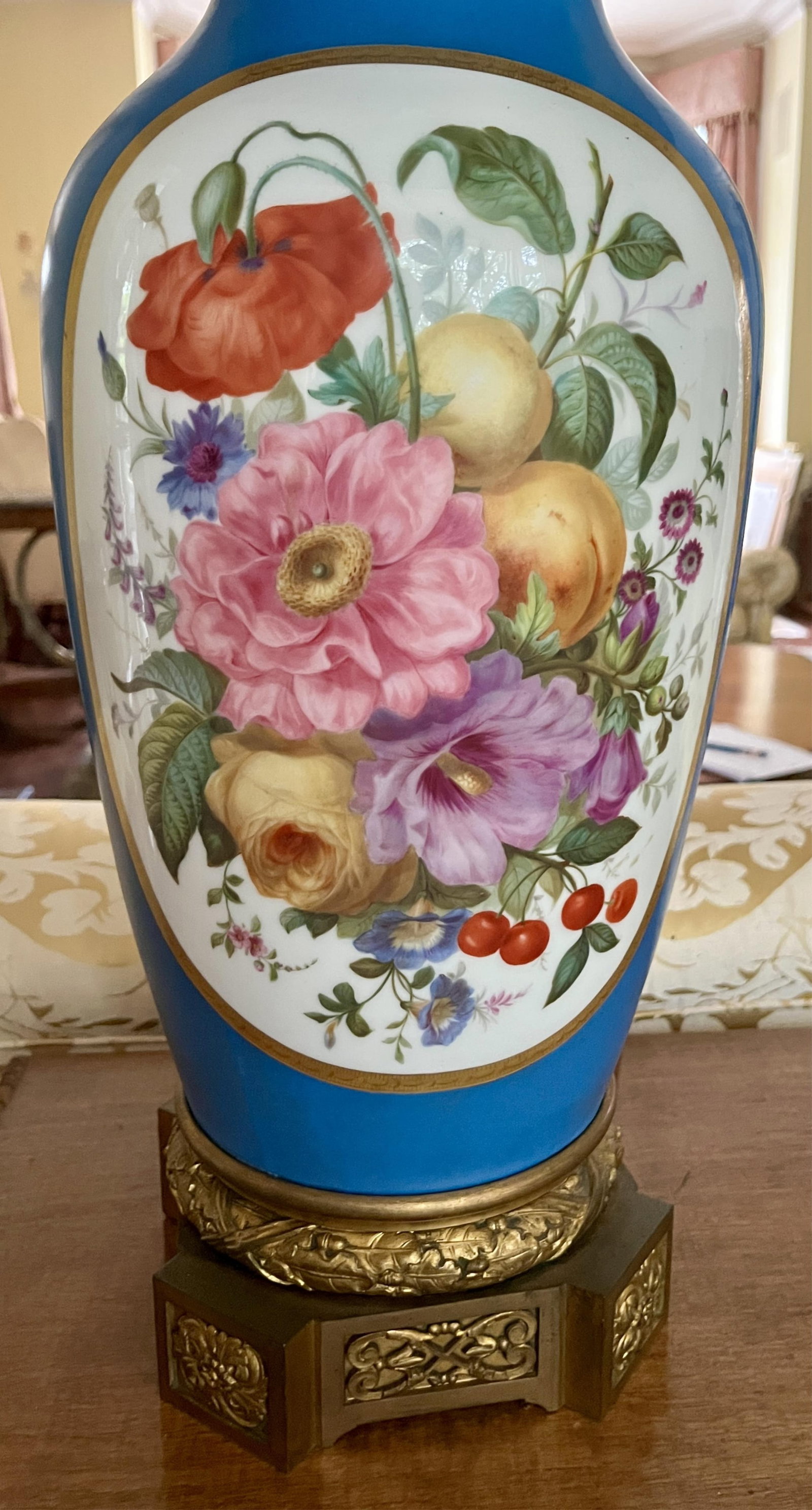 FLORAL DECORATED BLUE PORCELAIN BALUSTER-FORM VASE MOUNTED AS TWO-LIGHT TABLE LAMP mid 19th century (1 of 8)