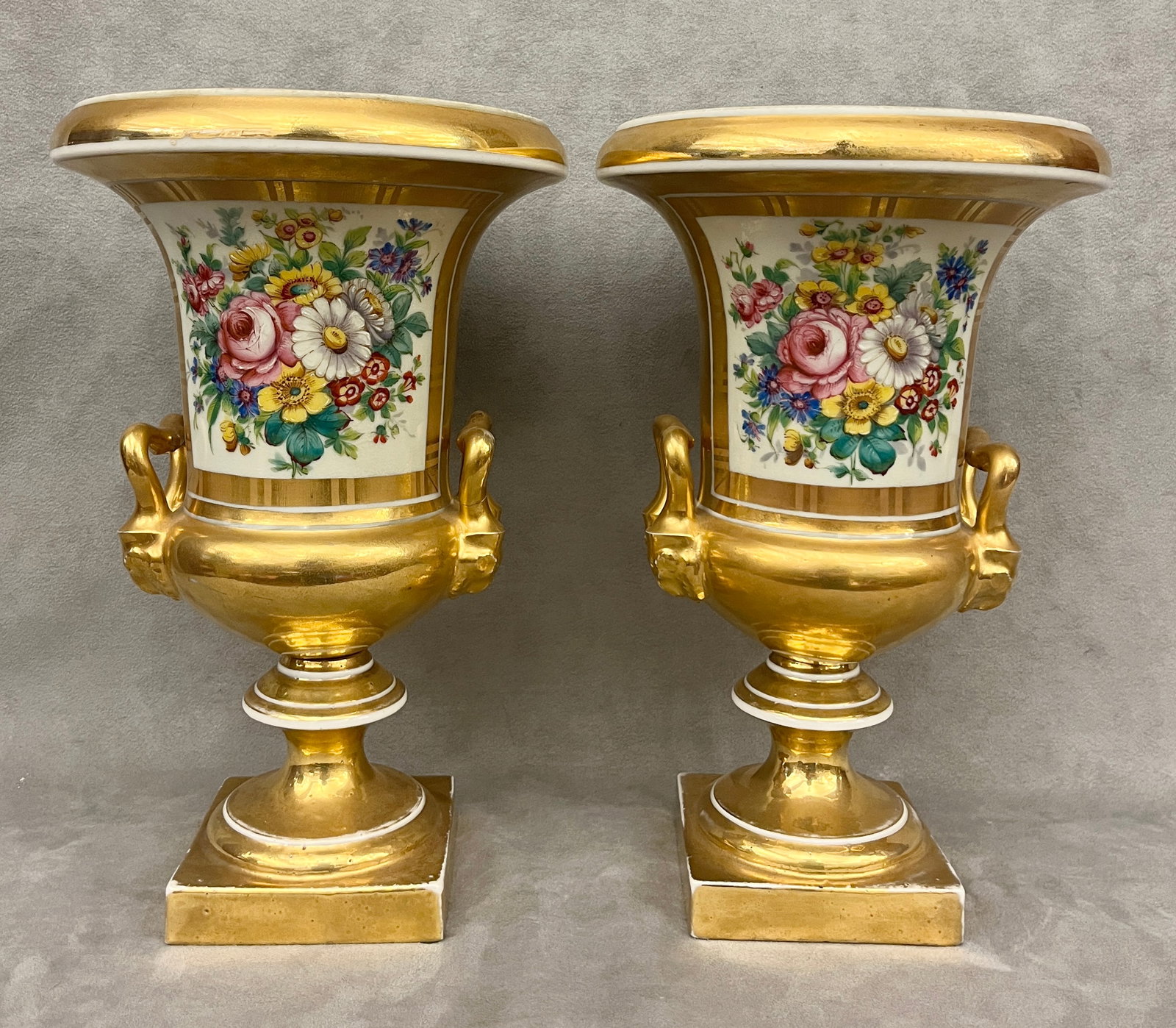 PAIR FRENCH OLD PARIS FLORAL-DECORATED PORCELAIN URNS WITH GILT OVERLAY 19th century - H: 12 in.. (1 of 12)