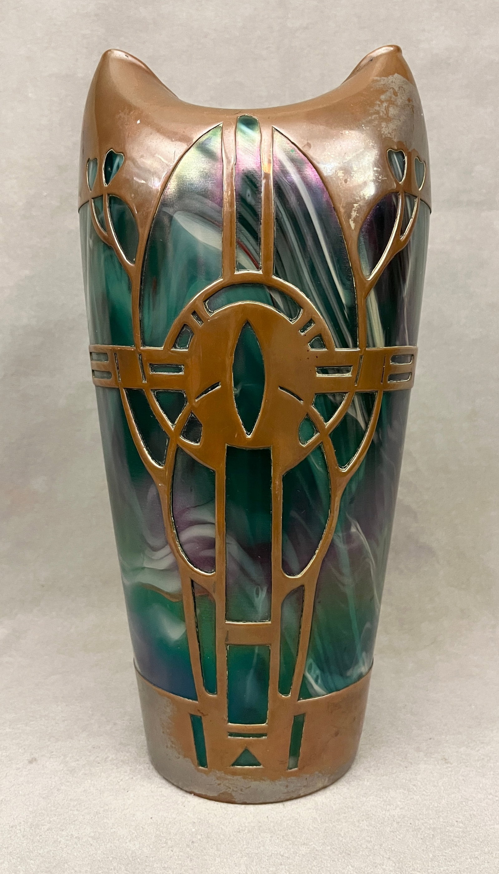 BOHEMIAN ART NOUVEAU MARBLE LUSTER GLASS VASE WITH SECCESSIONIST COPPER OVERLAY ATTRIBUTED TO JOSEPH (1 of 8)