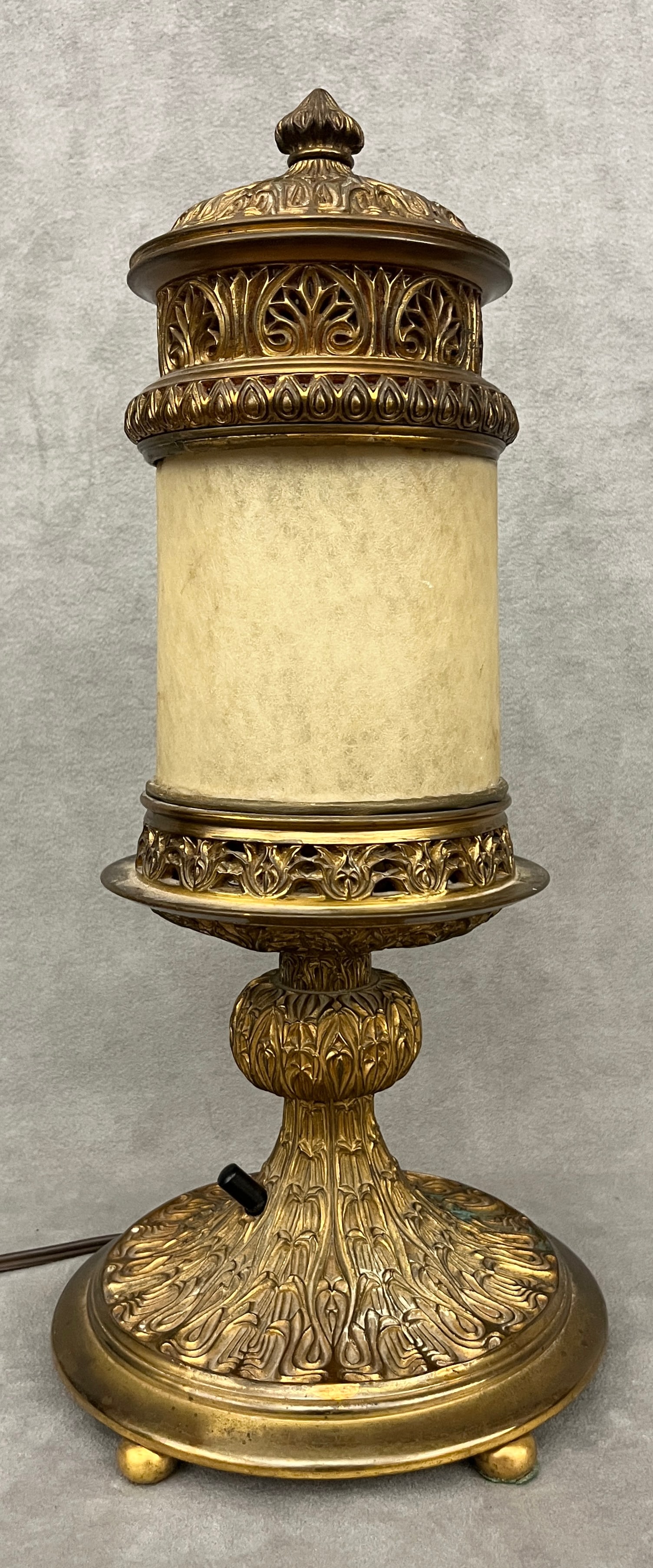 TIFFANY STUDIOS "VENETIAN" BRONZE CYLINDRICAL, PEDESTAL-BASE NEWEL POST LAMP WITH VELLUM SHADE circa (1 of 9)