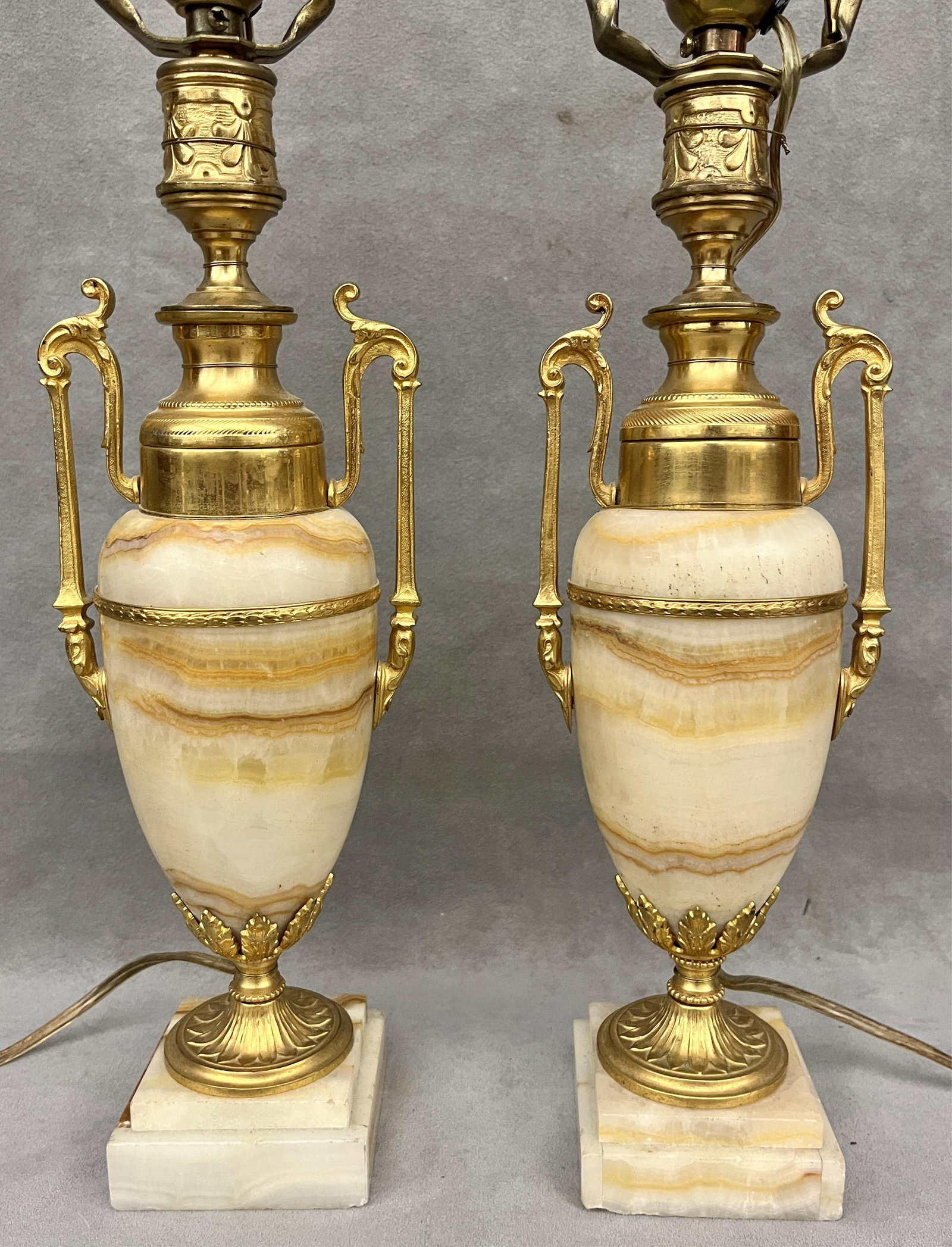PAIR GILT BRONZE MOUNTED STRIATED WHITE ONYX TABLE LAMPS - H: 20 1/2 in., to top of crystal. (1 of 13)