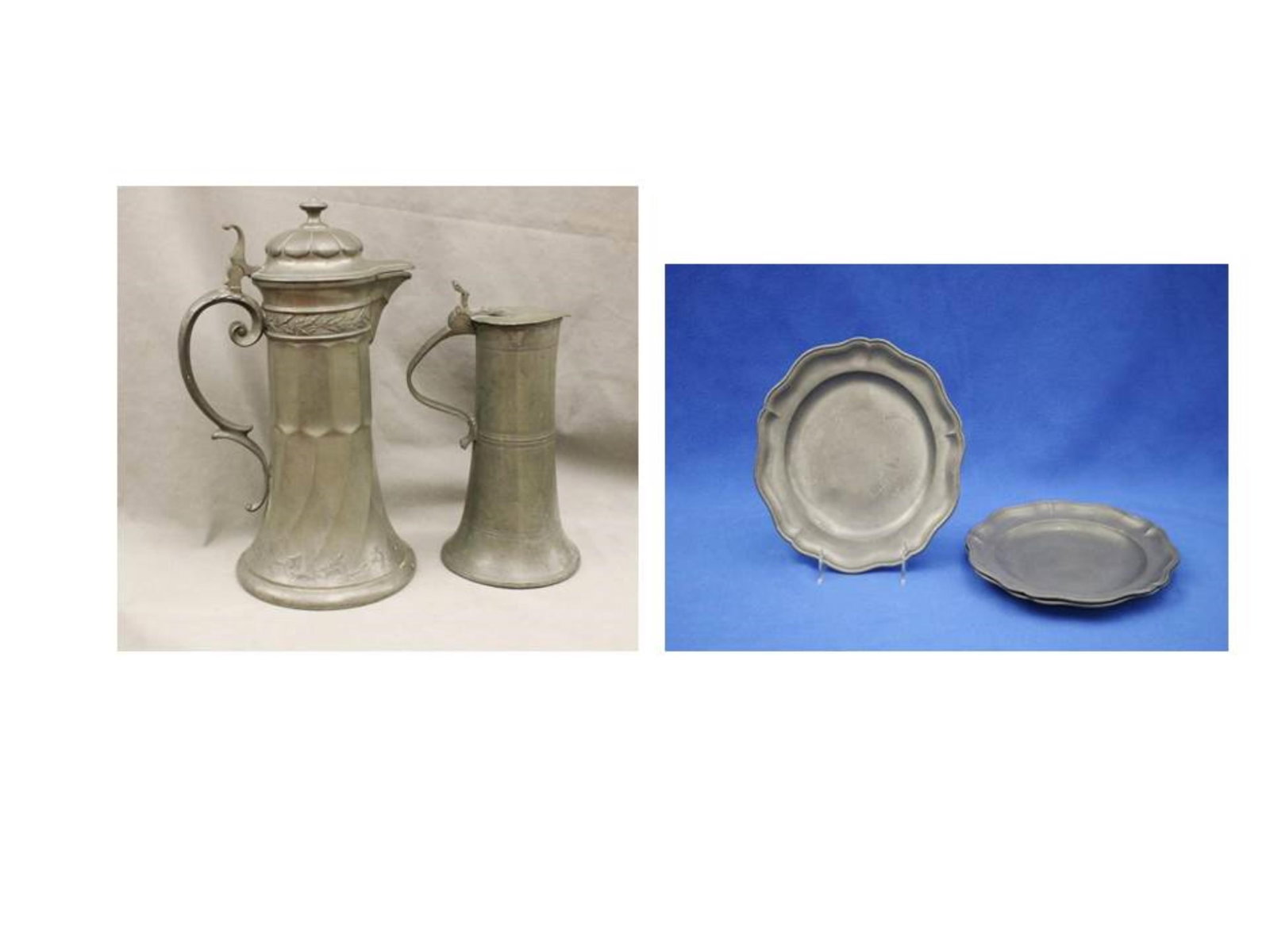 FIVE PIECES ANTIQUE CONTINENTAL PEWTER, 18th-19th century - Taller tankard, H: 16 1/4 in. Plates, D: (1 of 9)