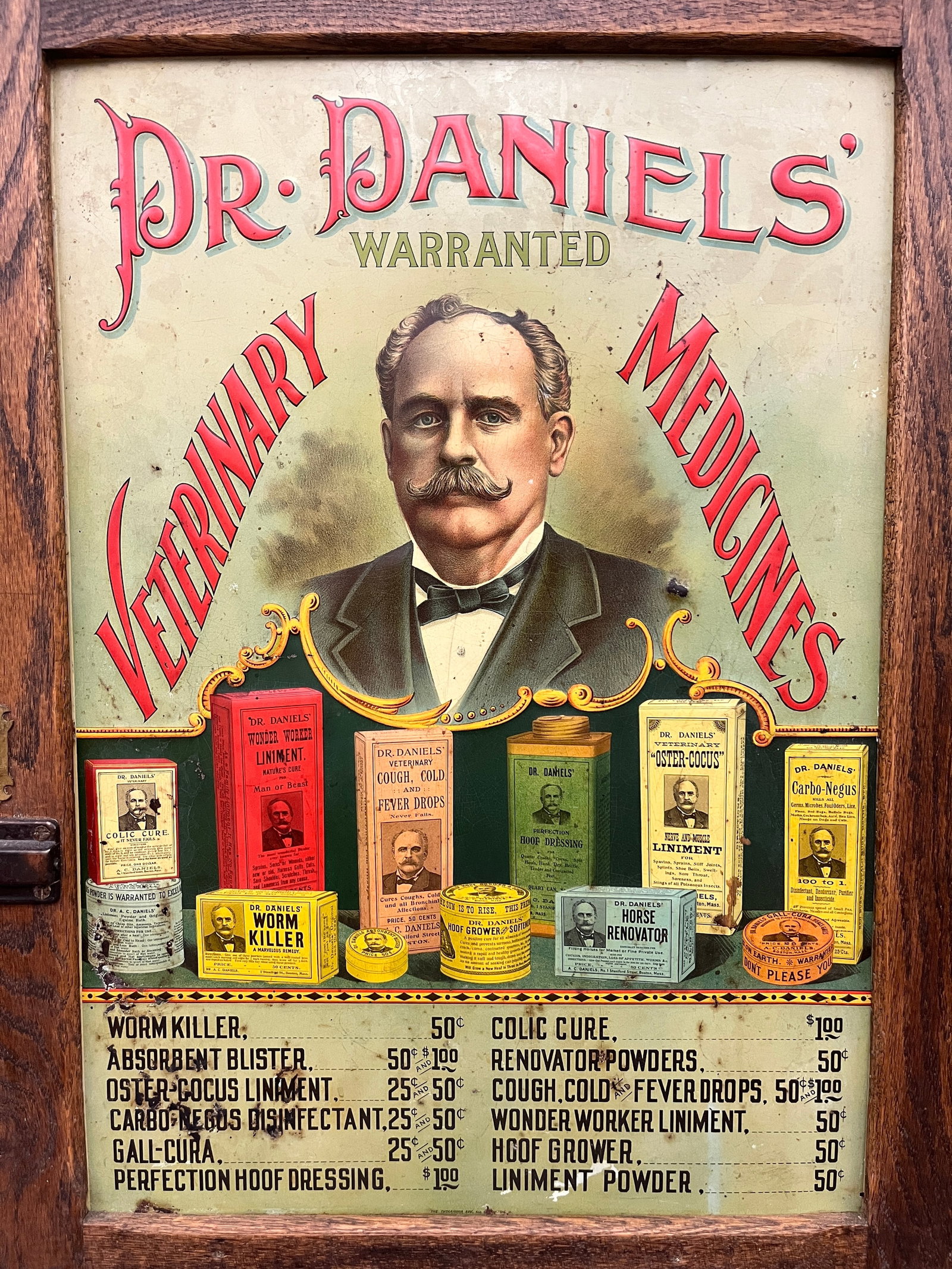 OAK DR. DANIEL'S VETERINARY MEDICINES STORE DISPLAY CABINET WITH LITHOGRAPH TIN FRONT PANEL 19th (1 of 13)