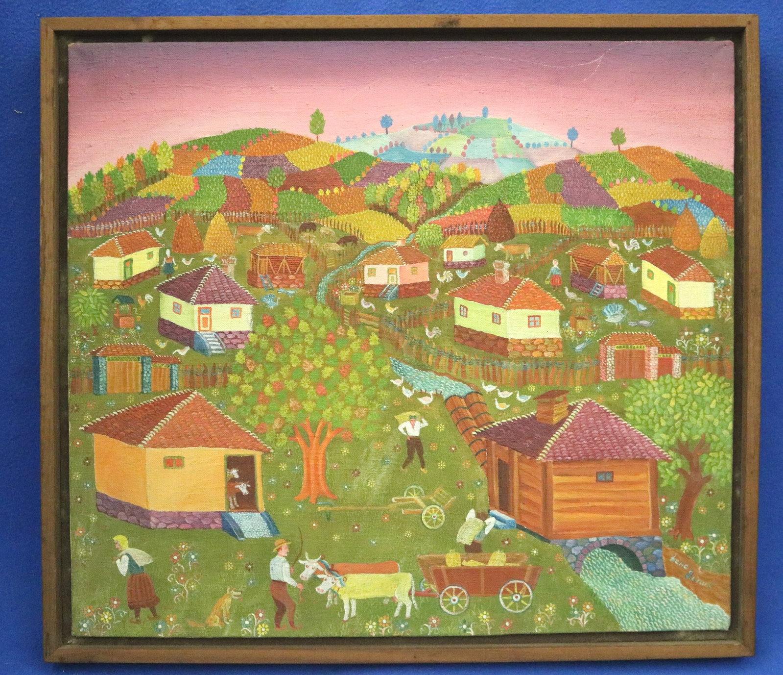 BRANKO DINIC (Serbian, 1930-2012). Watermill on the Stream, Oil on canvas., 14 x 16 inches; frame:: BRANKO DINIC Serbian, 1930-2012 Watermill on the Stream Oil on canvas. Vibrant painting that exemplifies the classic, charming aesthetic of Yugoslav naive art. The composition depicts a bustling, idyl