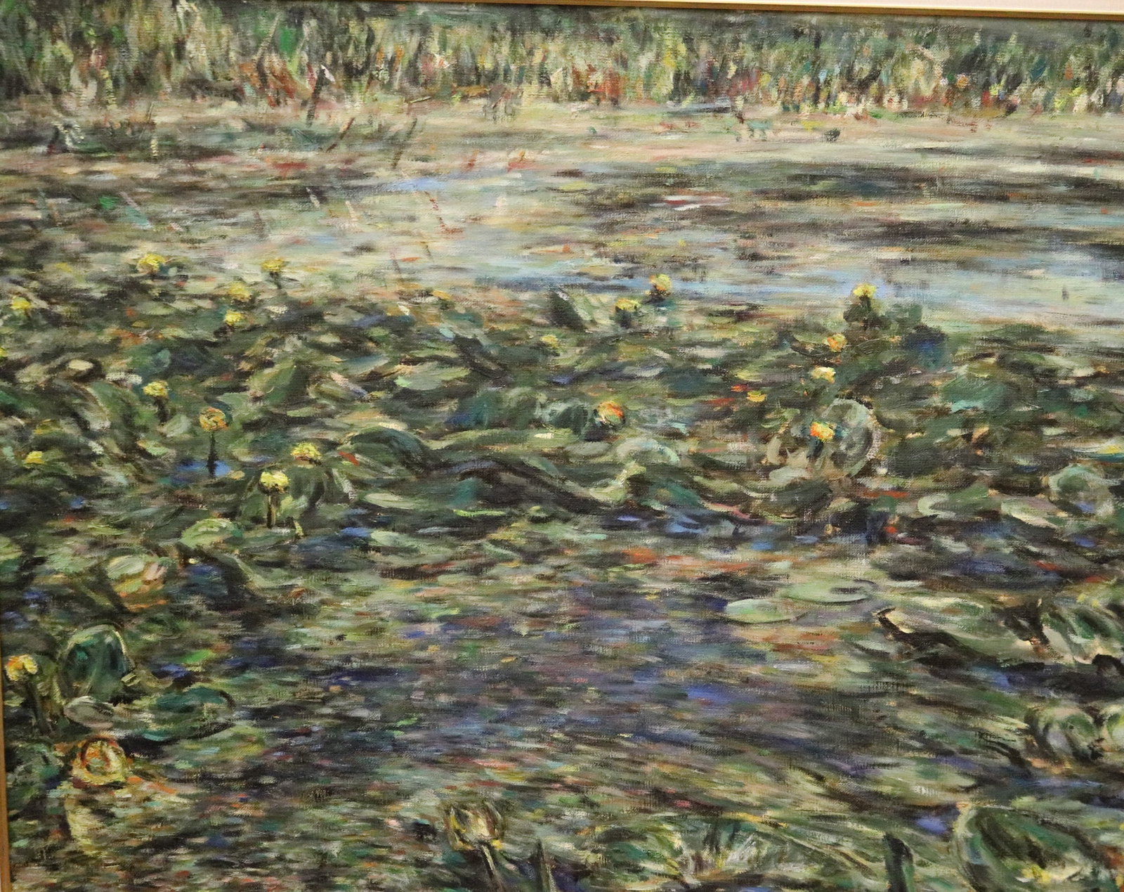 WLADYSLAW WDOWIAK (Polish, 20th century). Water Lily Pond, 1990, Oil on canvas, 25 x 32 inches;: WLADYSLAW WDOWIAK Polish, 20th century Water Lily Pond, 1990 Oil on canvas Signed and dated lower right. Impressionist-style oil painting depicts a densely planted lily pond rendered in energetic brus