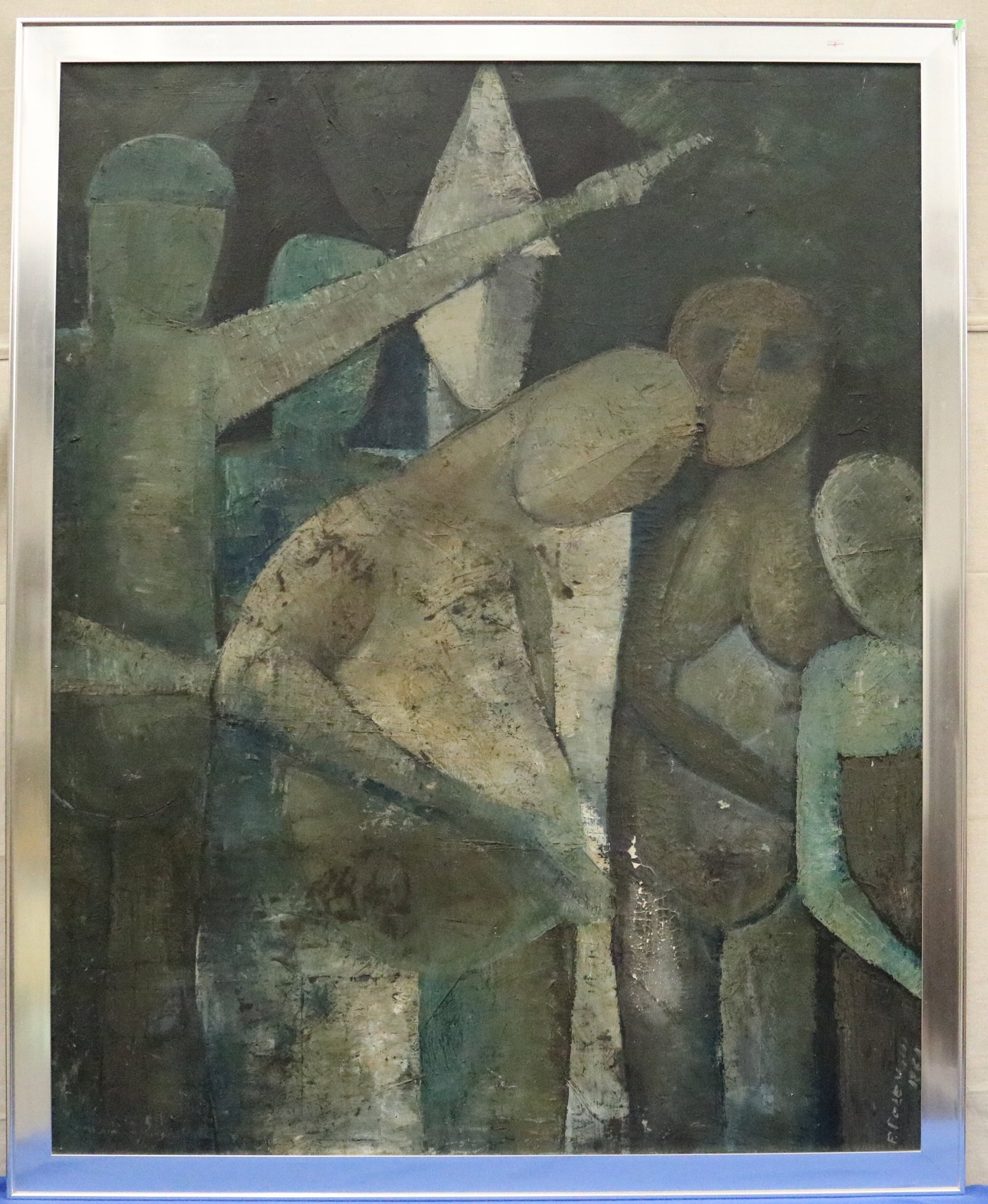ITALIAN SCHOOL (20th century). Two Figures: Cubist Composition, 1964, Oil on canvas, 49 X 39 inches;: ITALIAN SCHOOL 20th century Two Figures: Cubist Composition, 1964 Oil on canvas Signed 'F. POLENGHI" and dated 1964. Cubist-influenced oil painting depicting two stylized human figures. The forms are 