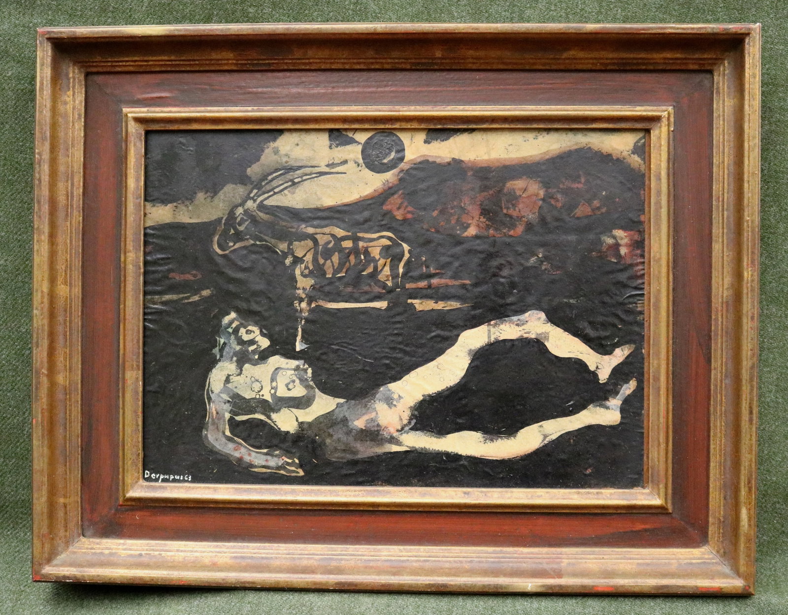 GEORGIOS DERPAPAS (Greek, 1937-2014). Reclining Nude with Antelope, 1963, Mixed media on paper laid: GEORGIOS DERPAPAS Greek, 1937-2014 Reclining Nude with Antelope, 1963 Mixed media on paper laid down to a board Surrealist composition rendered in a dark, richly textured mixed-media technique (likely