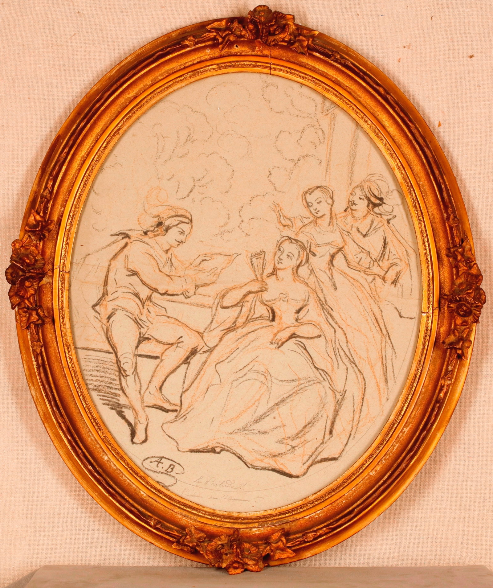 FRENCH SCHOOL (18th / 19th century). Le Prelude (The Prelude), Mixed media on paper: charcoal,: FRENCH SCHOOL 18th / 19th century Le Prelude (The Prelude) Mixed media on paper: charcoal, pencil, ink Oval sketch in black and red chalk (sanguine) depicting an intimate multi-figure scene: a young m