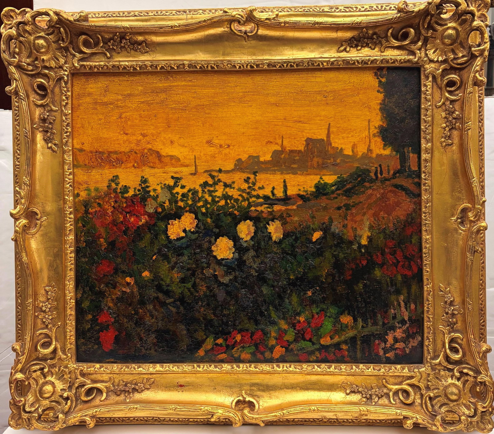FRENCH SCHOOL (early-to-mid 20th century). Flowers on the riverbank at Argenteuil, Oil on canvas,: FRENCH SCHOOL early-to-mid 20th century Flowers on the riverbank at Argenteuil Oil on canvas An oil on canvas depicting a lush foreground garden of roses and wildflowers in pink, cream, and red, openi