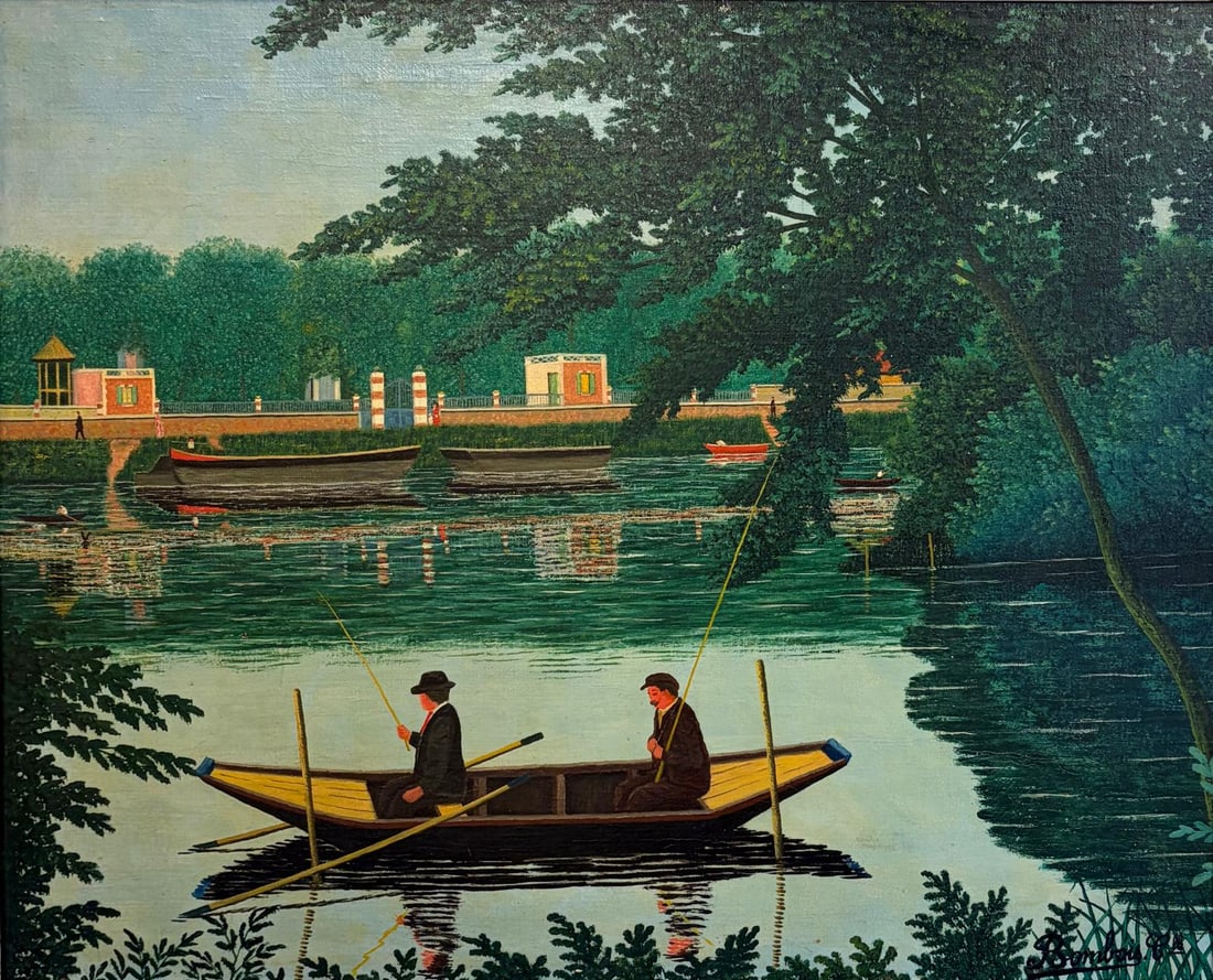 CAMILLE BOMBOIS (French, 1883-1970). On the Marne, Oil on canvas., 14.5 x 17.5 inches; frame: 24.5 x: CAMILLE BOMBOIS 1883-1970On the Marne Oil on canvas. Signed lower right.Set beneath a canopy of overhanging trees, this tranquil river scene depicts two anglers seated in a flat-bottomed punt, their l