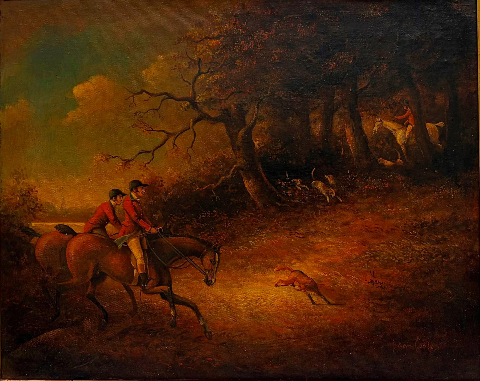 BRIAN COOLE (British, born 1939). The Chase, Fox Hunt in Full Cry, Oil on canvas, 15" x 18", framed (1 of 12)