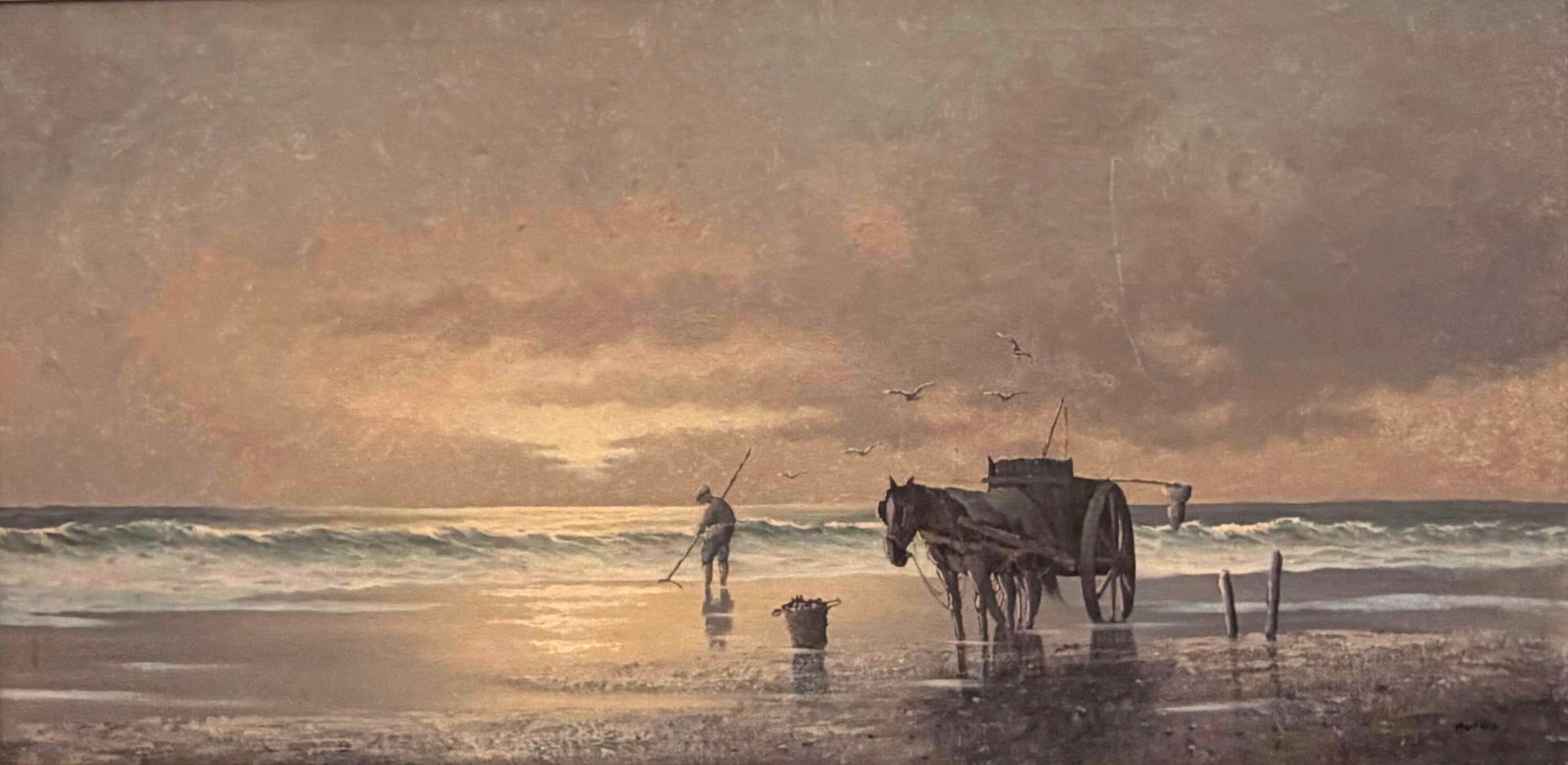 MARL MARTENS (Dutch, born 1921). Clam Fishing, Oil on canvas, Frame: 32 x 44-1/4 in: MARL MARTENS Dutch, born 1921 Clam Fishing Oil on canvas A large oil on canvas depicting a solitary figure raking shellfish at the water's edge beside a horse-drawn cart on a wide, reflective tidal fl