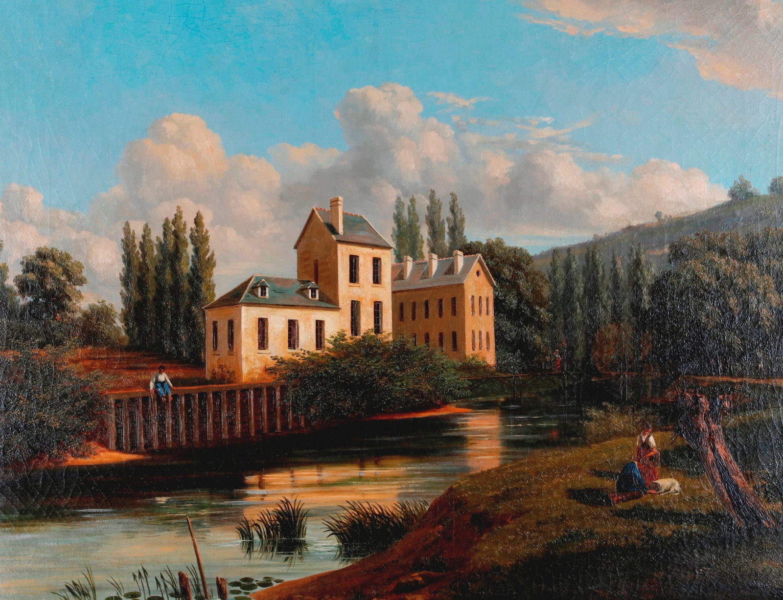 CONTINENTAL SCHOOL (19th century). A Riverside Chateau with Figures by a Footbridge, Oil on canvas, (1 of 5)