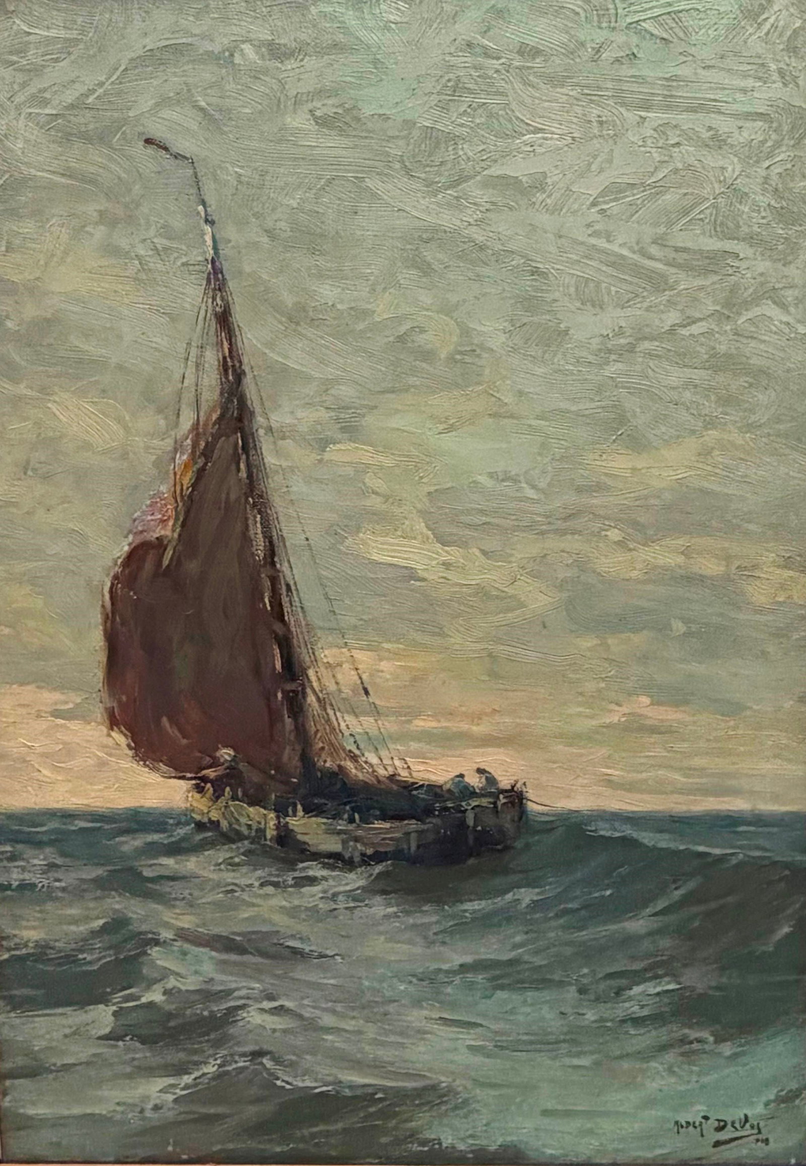 ALBERT ISIDORE DEVOS (Belgian, 1868-1950). Fishing Vessel in Choppy Seas, Oil on canvas, 28 x 19.5 (1 of 16)