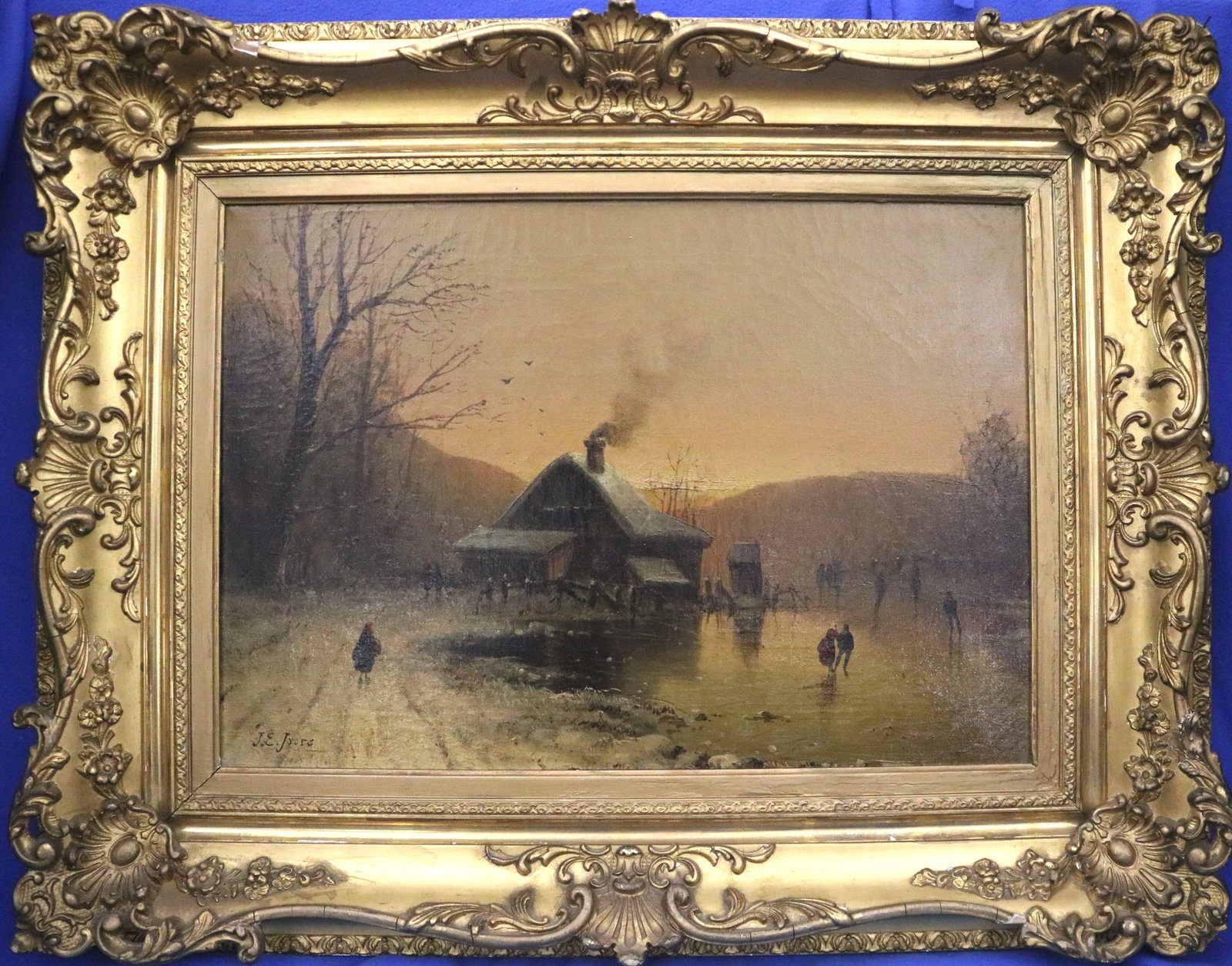 BELGIAN SCHOOL (19th century). Winter Twilight Landscape with Millhouse and Skaters, Oil on canvas,: BELGIAN SCHOOL 19th century Winter Twilight Landscape with Millhouse and Skaters Oil on canvas Oil painting depicts a rustic wooden mill or cabin at the edge of a frozen pond at dusk, smoke curling fr