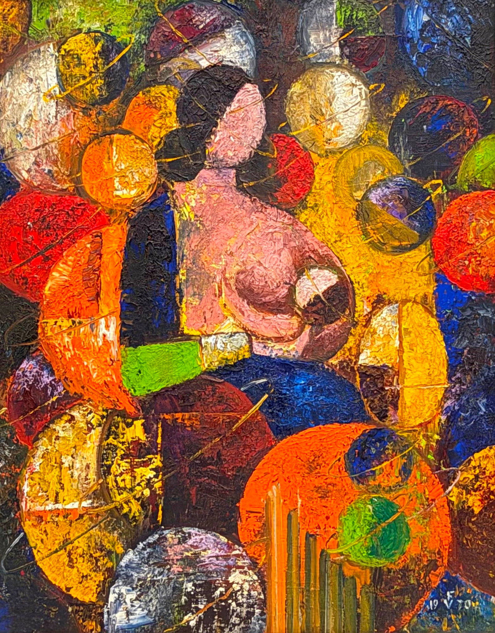 AMERICAN SCHOOL (20th century). Figure Among Spheres, 1970, Oil on canvas-board, 19.5 x 15.5 inches; (1 of 6)