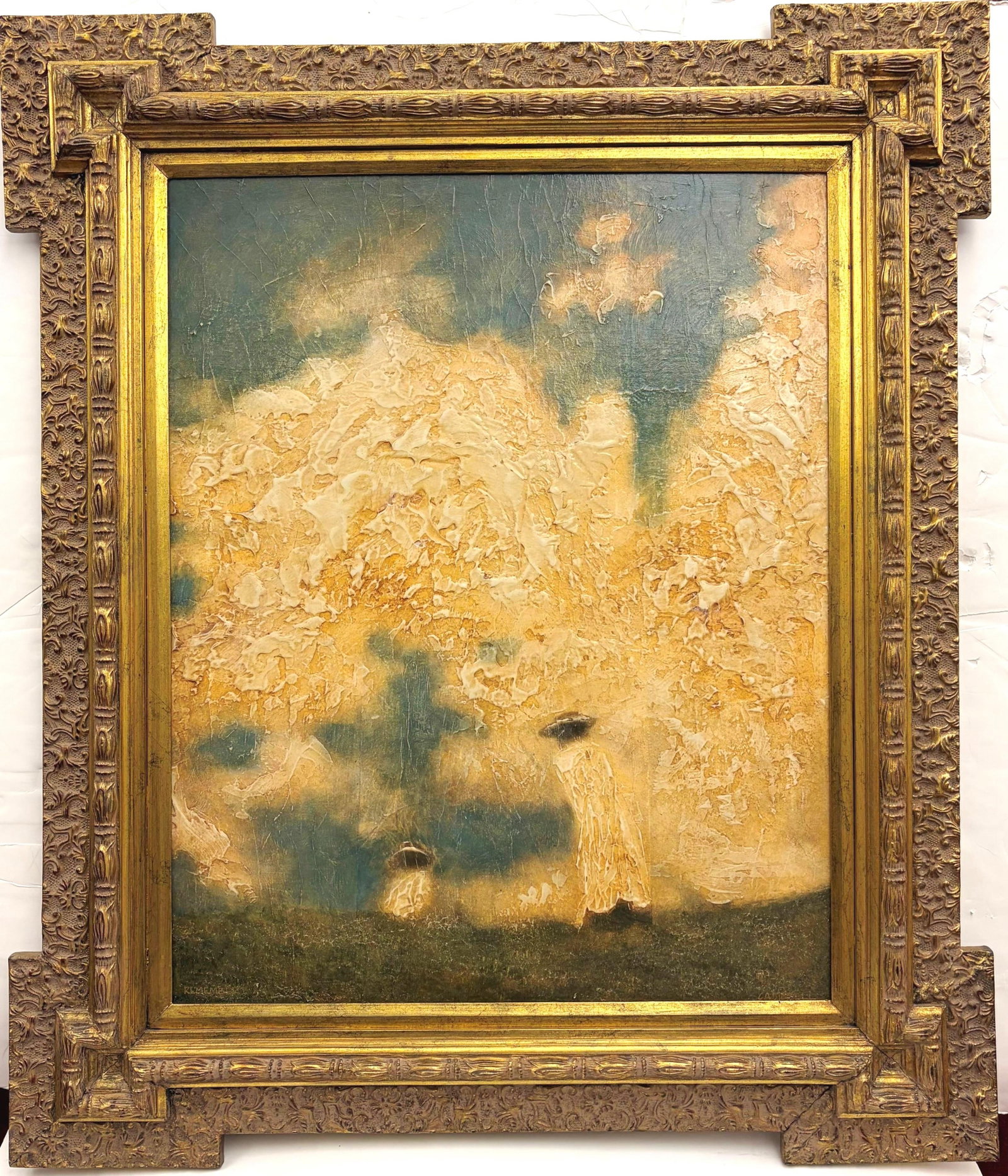 AMERICAN SCHOOL (20th century). REMEMBER, Oil on canvas, Gold Gilt Victorian style frame measures 35: AMERICAN SCHOOL 20th century REMEMBER Oil on canvas Signed CAMPBELL lower right and titled lower left. Oil on canvas depicting a mother and child standing beneath an impastoed cloud mass against a dee