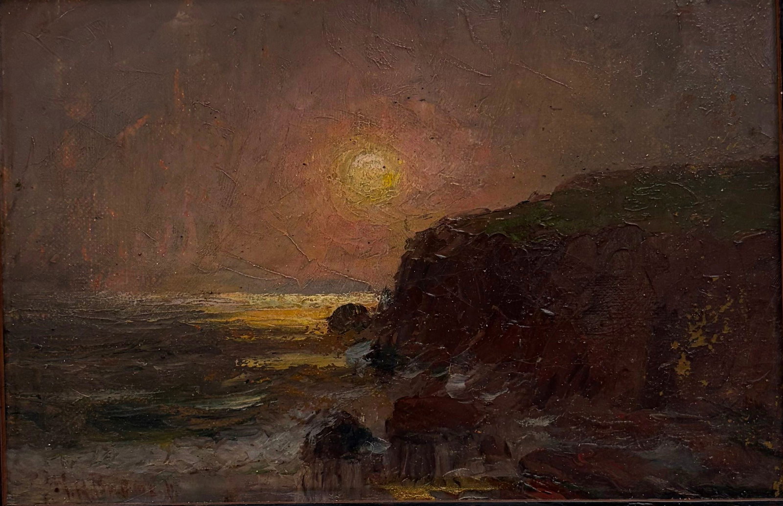 HOWARD RUSSELL BUTLER (American, 1856-1934). Moonrise Over the Rocky Coast, Oil on canvas, 6 x 9: HOWARD RUSSELL BUTLER American, 1856-1934 Moonrise Over the Rocky Coast Oil on canvas Signed lower left. A small oil on panel depicting a dramatic nocturnal coastal scene with a glowing moon breaking 
