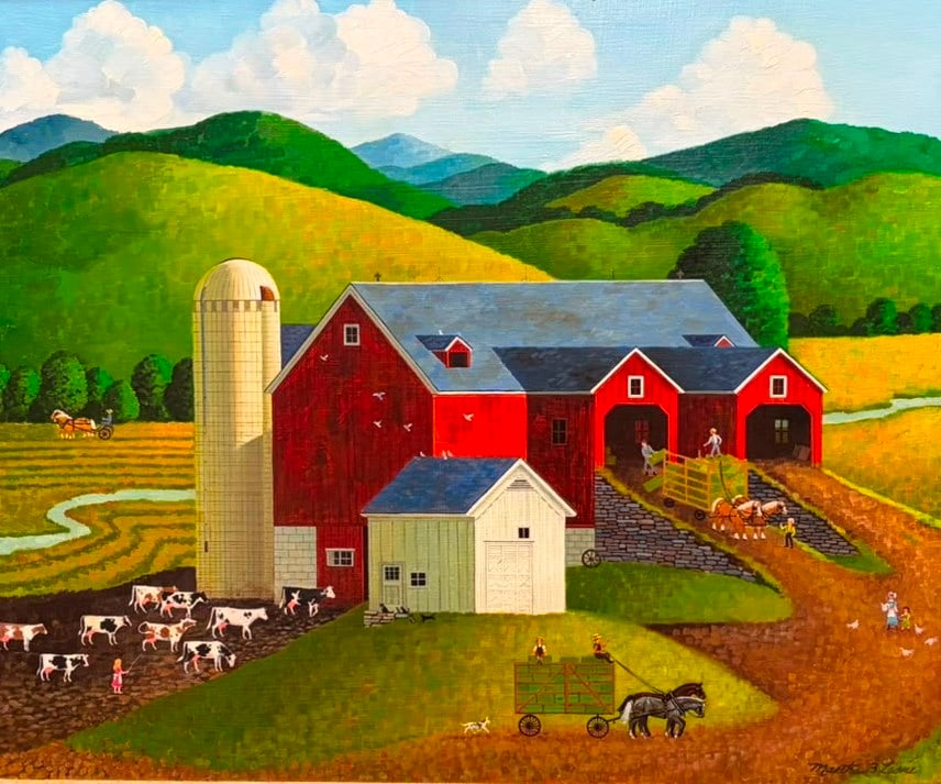 MARTHA LEONE (20th century). Red Barn Farm with Silo and Grazing Cattle, Oil on canva, 20 x 24: MARTHA LEONE 20th century Red Barn Farm with Silo and Grazing Cattle Oil on canva American folk / naive painting; this work depicts a bustling farmstead nestled against rolling, patchwork hills. A clu