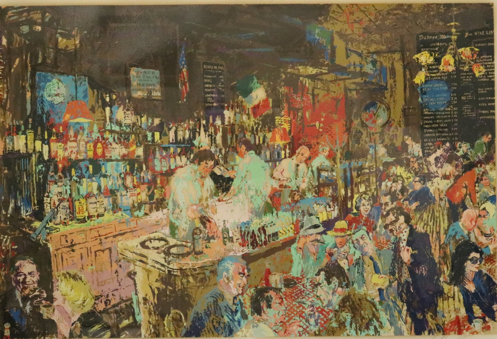 LEROY NEIMAN (American, 1921 - 2012). P.J. Clarks, 1978, Silkscreen print, Image size: 26.25 x 30.25: LEROY NEIMAN American, 1921 - 2012 P.J. Clarks, 1978 Silkscreen print Limited edition silkscreen print numbered 27 of an edition of 300. Expressionistic colour print depicting a bustling bar or tavern