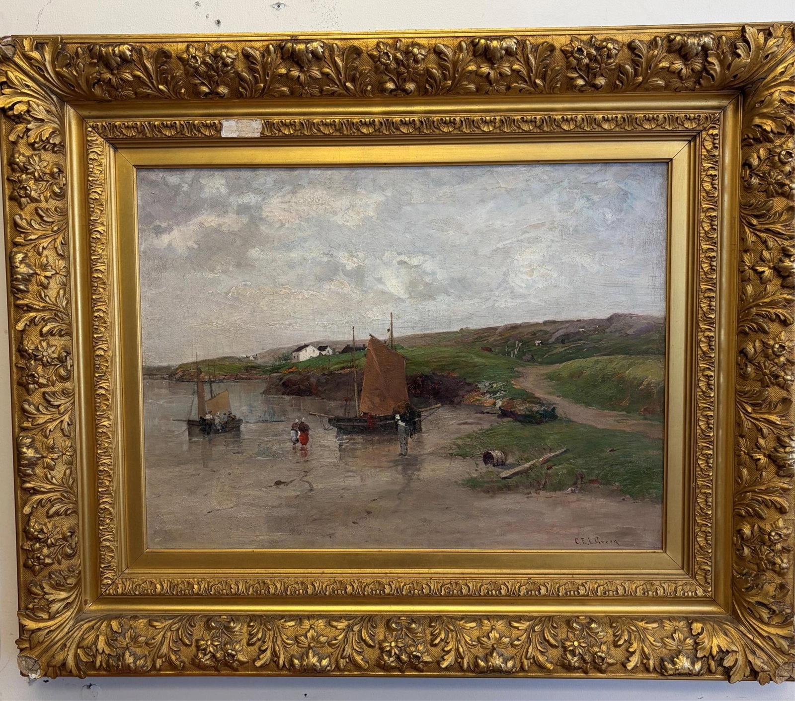 CHARLES EDWIN LEWIS GREEN (American / Boston, 1844-1915). Quiet Harbor at Low Tide, Oil on canvas., (1 of 14)