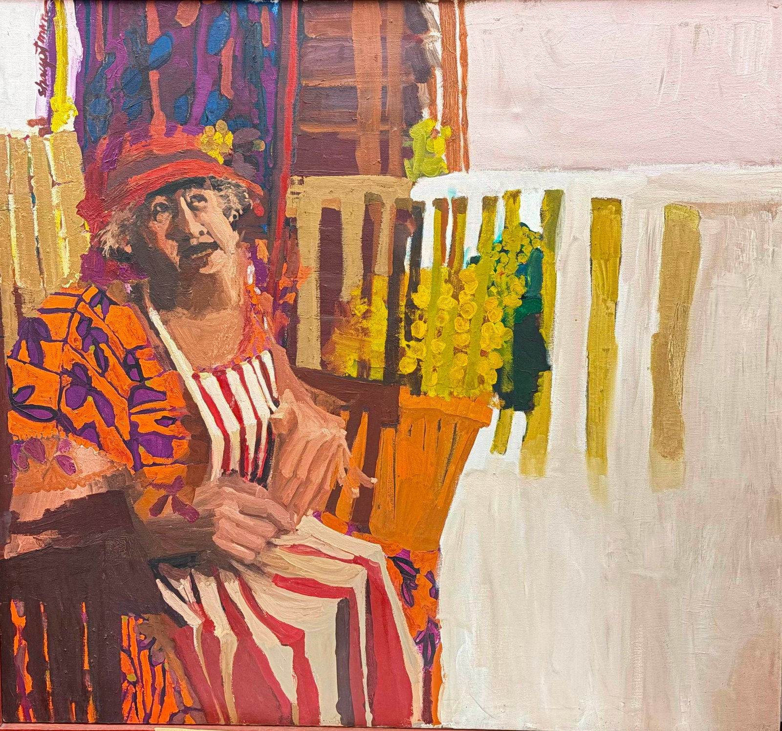 SUSAN HAUPTMAN (American, 1947-2015). Woman in a Red Hat, Seated on a Porch, circa 1967, Oil on: SUSAN HAUPTMAN American, 1947-2015 Woman in a Red Hat, Seated on a Porch, circa 1967 Oil on canvas Expressionistic oil portrait depicting a woman in a wide-brimmed red hat and boldly patterned orange 