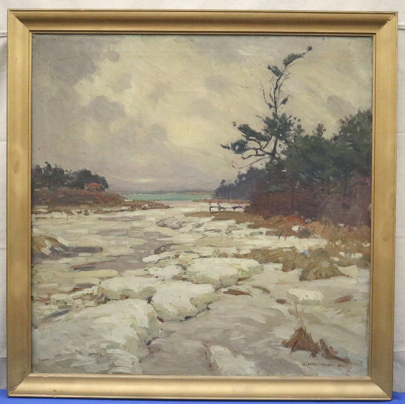 WILLIAM LESTER STEVENS (American, 1888?1969). Winter River Landscape,1922, Oil on canvas, 36 x 36: WILLIAM LESTER STEVENS American, 1888?1969 Winter River Landscape,1922 Oil on canvas American Impressionist painting depicting a New England river breaking up with ice floes beneath a moody, overcast 
