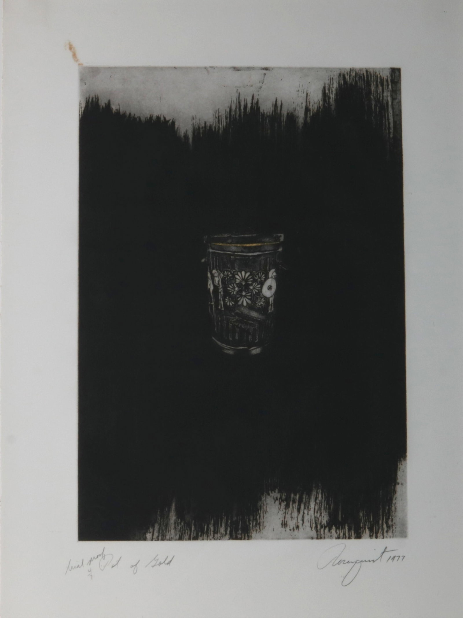 JAMES ROSENQUIST (American, 1933-2017). Pot of Gold, 1977, Color etching and aquatint with applied: JAMES ROSENQUIST American, 1933-2017 Pot of Gold, 1977 Color etching and aquatint with applied gold leaf on paper Trial proof 4/7; signed and dated lower right "Rosenquist 1977," inscribed "trial proo
