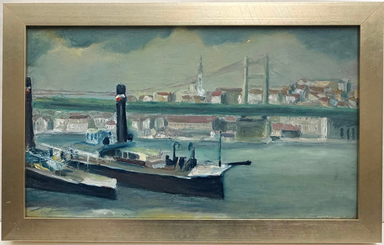 RUSSIAN SCHOOL (20th century). Harbor View with Steamship and City Skyline, Oil on canvas, 10.75 x (1 of 14)