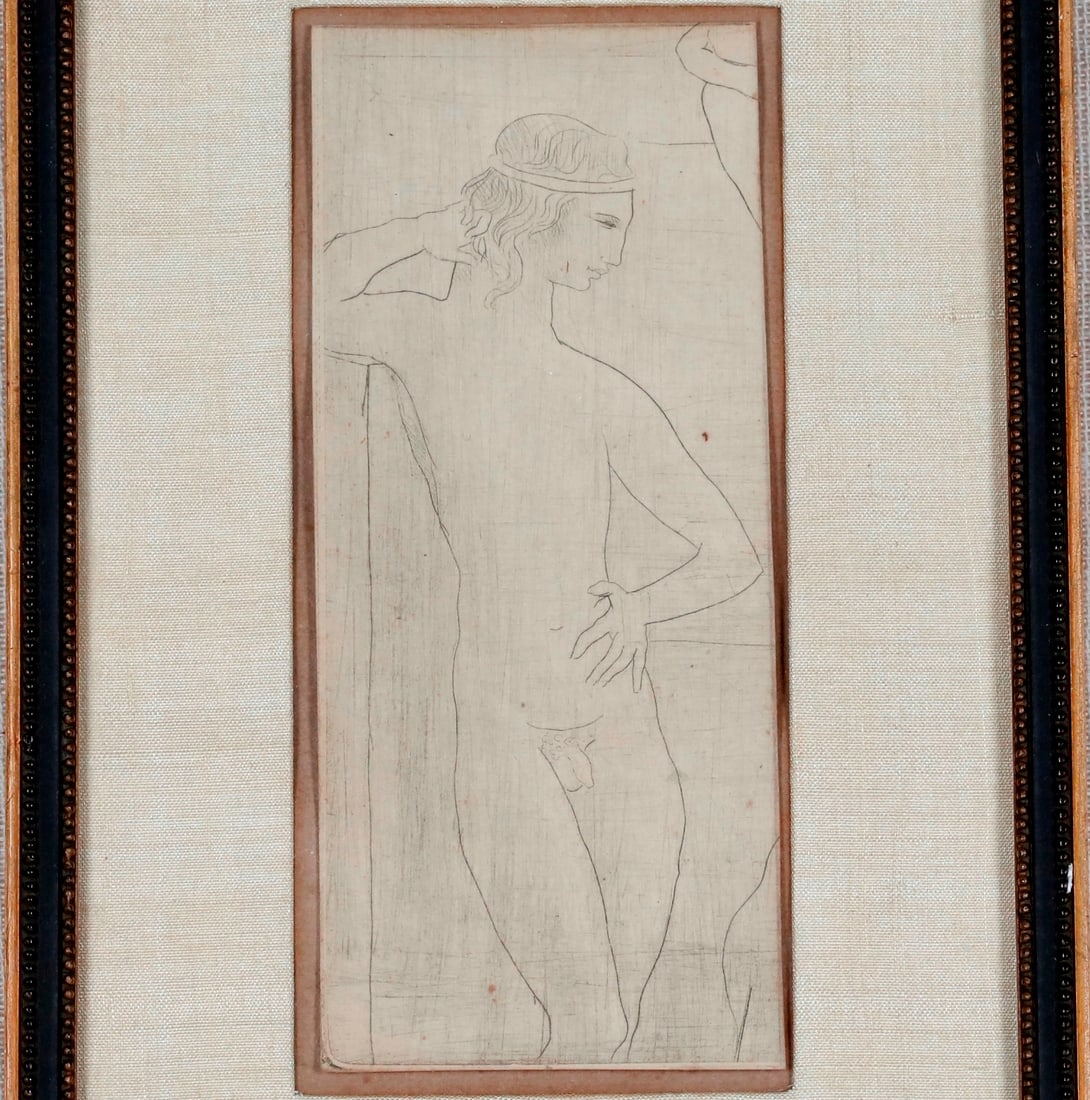 PABLO PICASSO (Spanish, 20th century). Fragment of the "La Danse Barbare", drypoint, 5.25 x 2.25: PABLO PICASSO Spanish, 20th century Fragment of the "La Danse Barbare" drypoint Undated fragment (lower left) of Pablo Picasso's "La Danse Barbare (Devant Salom? et H?rode)," from the Saltimbanques se