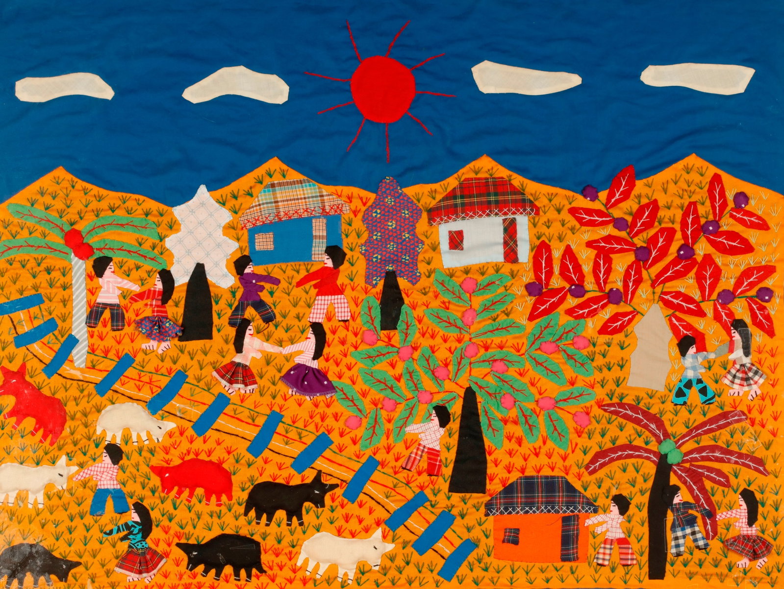 Vintage Colombian Arpillera 20th century - 26 x 34 inches; frame: 29 x 38 inches.: Vintage Colombian Arpillera 20th century Handcrafted appliqu? textile often depicting scenes of daily life.It features 3D elements and intricate stitching, typical of handcrafted folk art from this re