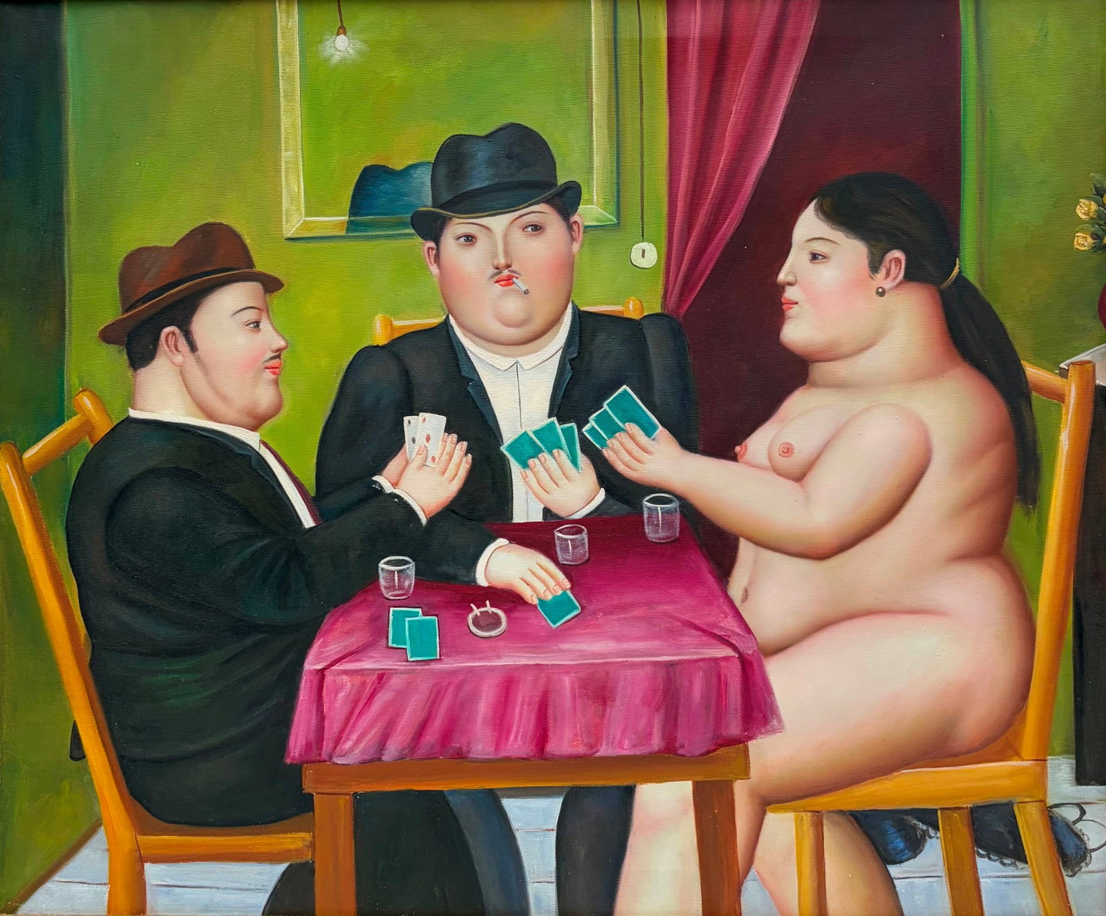 COLOMBIAN SCHOOL (20th century). The Card Players; in the style of Fernando Botero, Oil on canvas, (1 of 10)