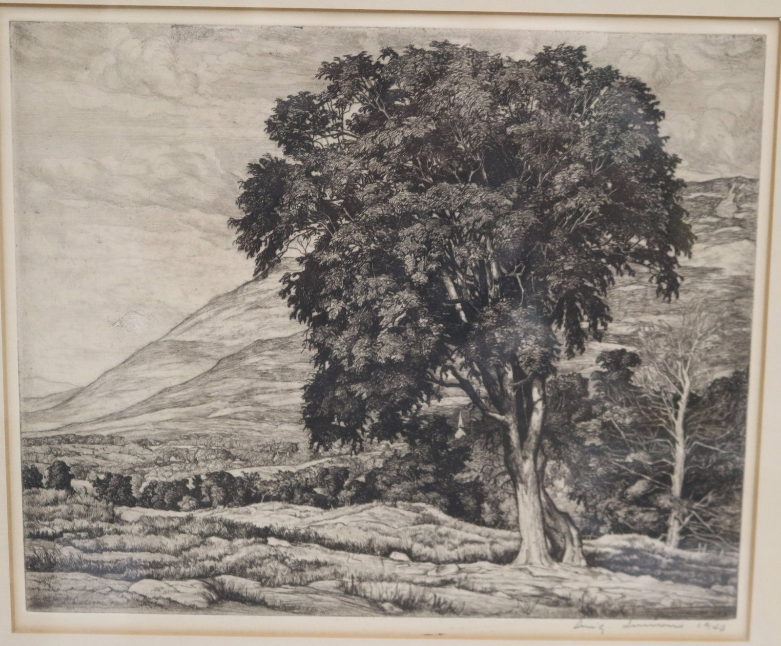 LUIGI LUCIONI (Italian / American, 1900-1988). Peace in the Valley,1940, Etching, 8.25" X 11.88";: LUIGI LUCIONI Italian / American, 1900-1988 Peace in the Valley,1940 Etching detailed etching depicting a full-crowned tree standing prominently in a rural landscape set against a backdrop of rolling 